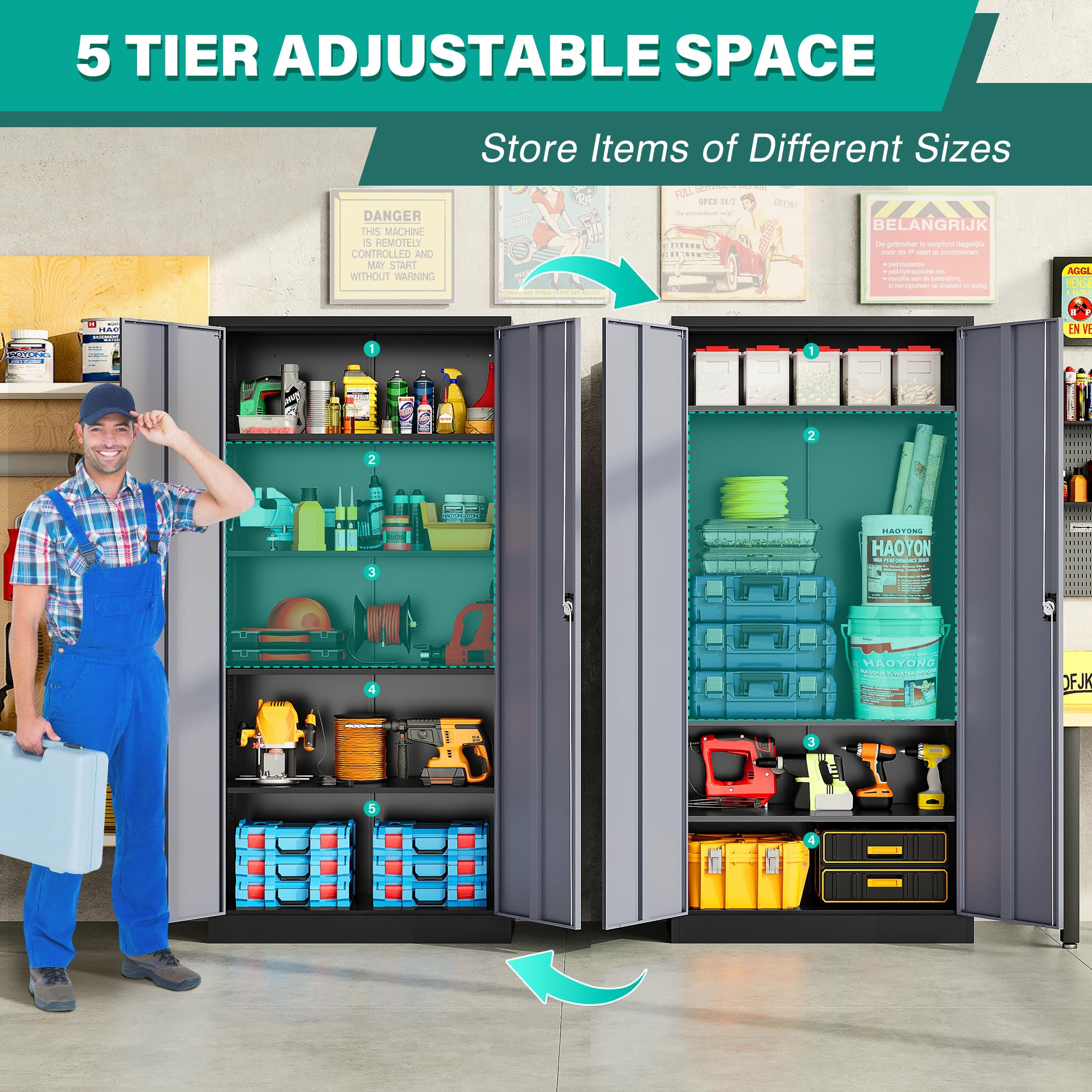 SISESOL Wide & Deep Metal Storage Cabinet with Wheels,Tall Rolling Garage Storage Cabinet with Lock,Black Metal Cabinets with Pegboards and Shelves,Tool Locker for Garage,Home,Office,43''Wx 20''Dx71"H