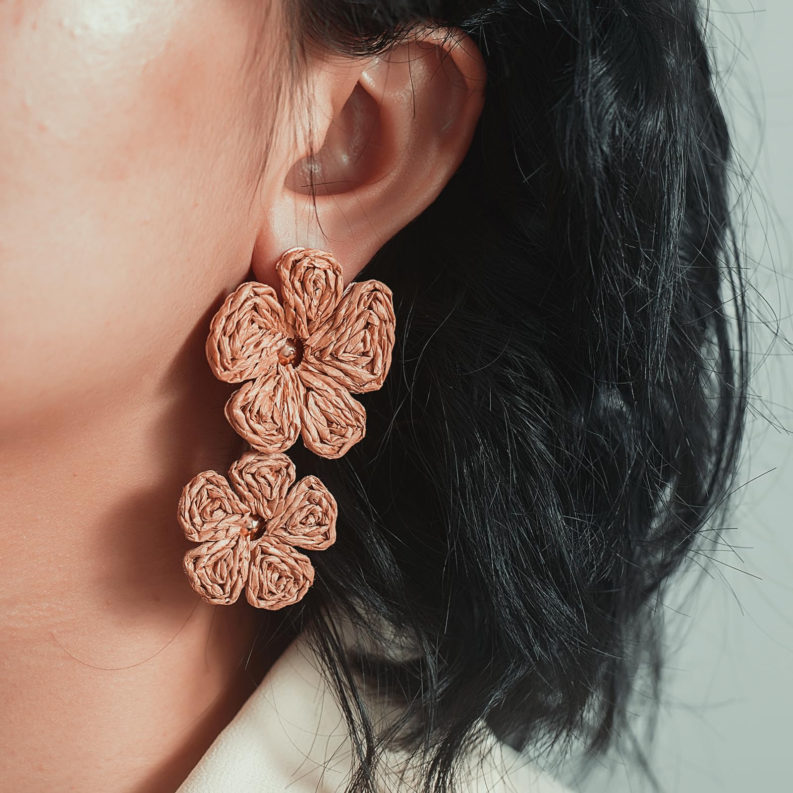 Boho Flower Earrings Statement Raffia Dangle Earrings Cute Floral Jewelry Trendy Summer Beach Vacation Outfits for Women