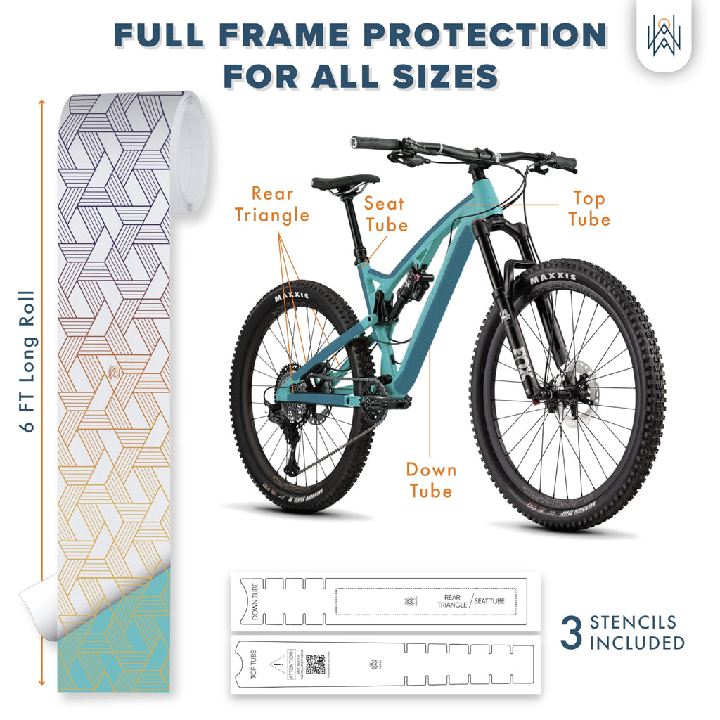 Bike Frame Protection Tape- High Impact Clear Vinyl Wrap Includes Tool (4”x72) Bicycle Frame Protector, Mountain Bike Frame Guard Chainstay Protector (Art Deco)