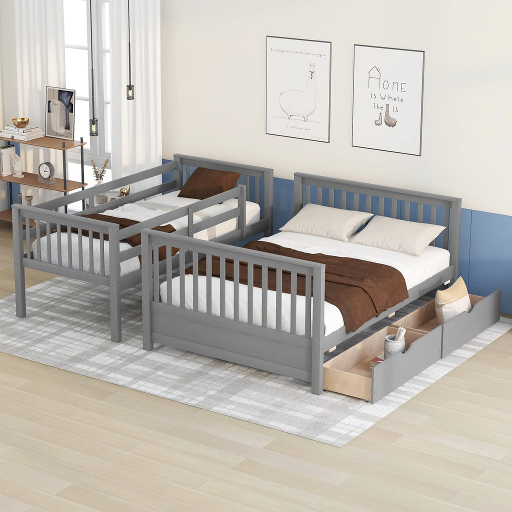 Merax Wood Bunk Bed with Two Drawers,Convertible Wood Bunk Bed with Ladders and Two Storage Drawers,Solid Wood Detachable Bed Frame with Ladders, Twin Over Full Size, Espresso