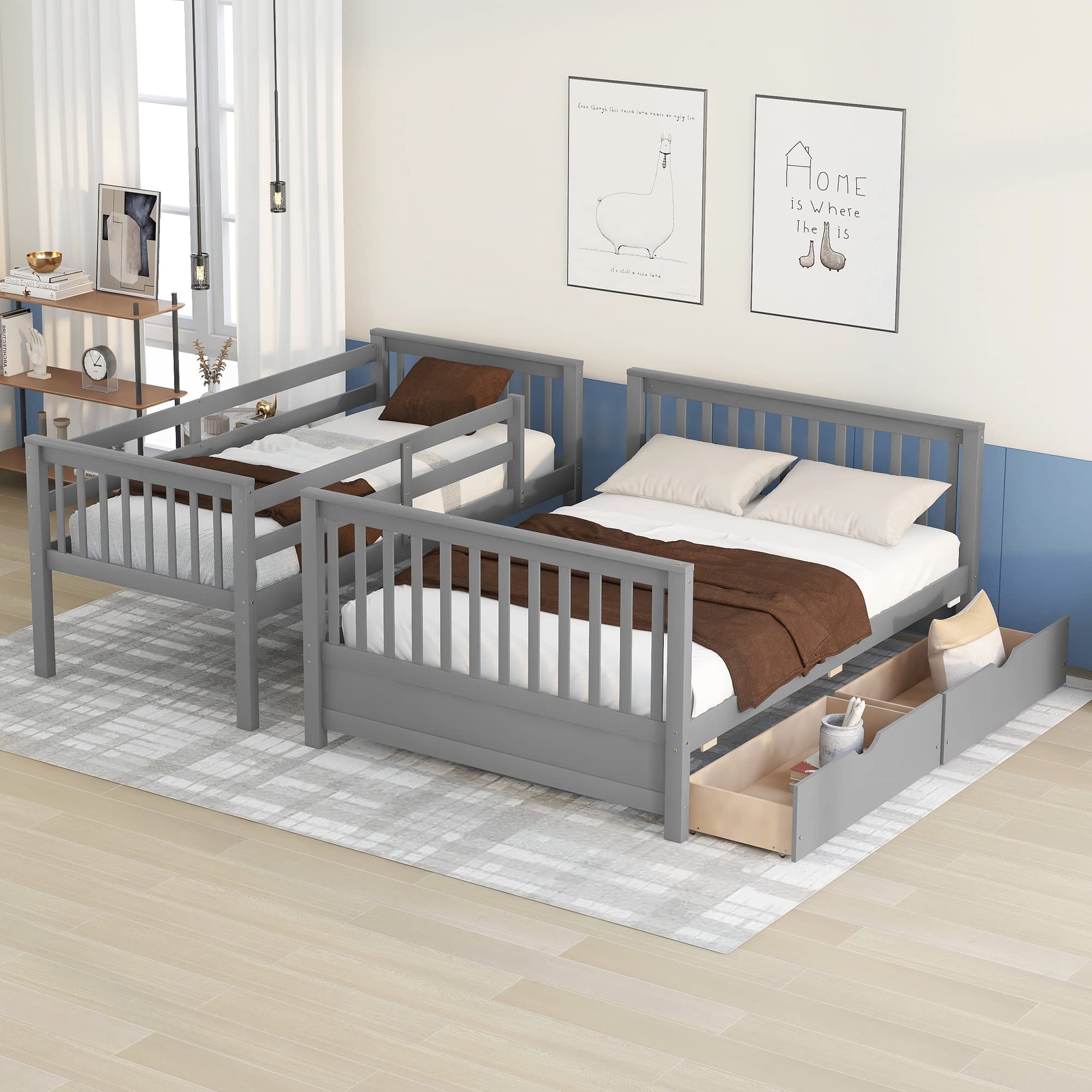 Merax Wood Bunk Bed with Two Drawers,Convertible Wood Bunk Bed with Ladders and Two Storage Drawers,Solid Wood Detachable Bed Frame with Ladders, Twin Over Full Size, Espresso
