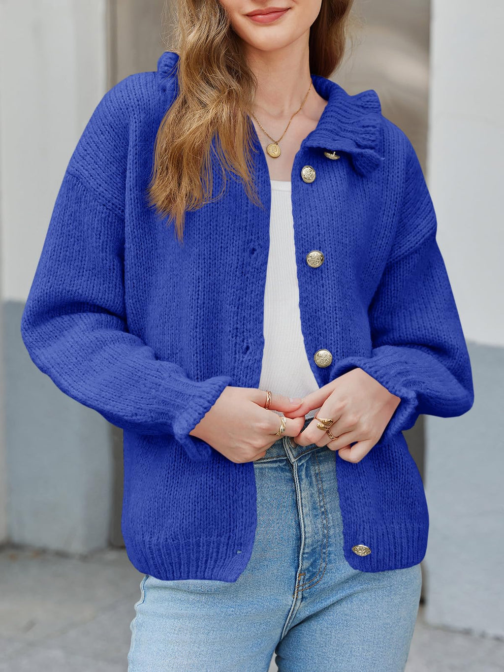 Saodimallsu Womens Ruffle Cardigan Oversized Button Up Fall Trendy Ribbed Knit Open Front Long Sleeve Loose Cute Sweater