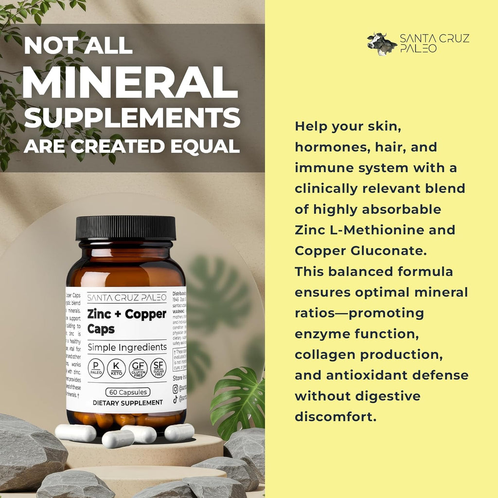 Santa Cruz Paleo, Zinc & Copper Mineral Supplement, High Absorption Formula, Zinc Supplement for Skin & Hair, L Methionine, Copper Gluconate, Trace Minerals, Gluten Free, Keto, Paleo, 60 Capsules