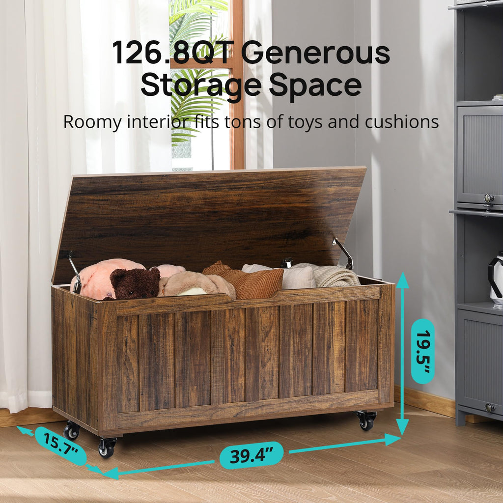 HYZ Storage Chest, 39.4'' Wooden Storage Bench with 4 Wheels & 2 Safety Hinges, Retro Toy Box Support 300 lbs for Bedroom, Living Room, Easy Assembly, Rustic Brown