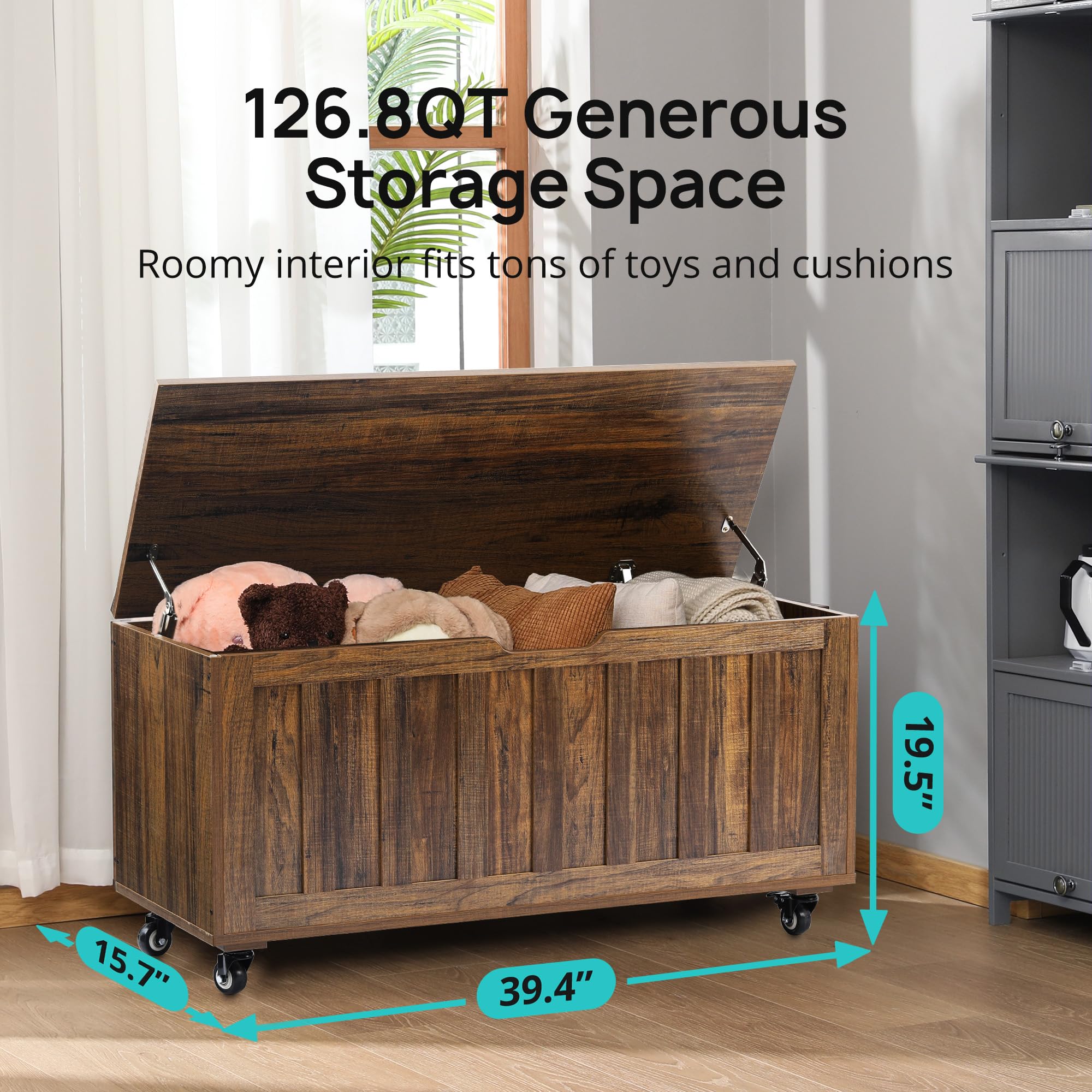 HYZ Storage Chest, 39.4'' Wooden Storage Bench with 4 Wheels & 2 Safety Hinges, Retro Toy Box Support 300 lbs for Bedroom, Living Room, Easy Assembly, Rustic Brown