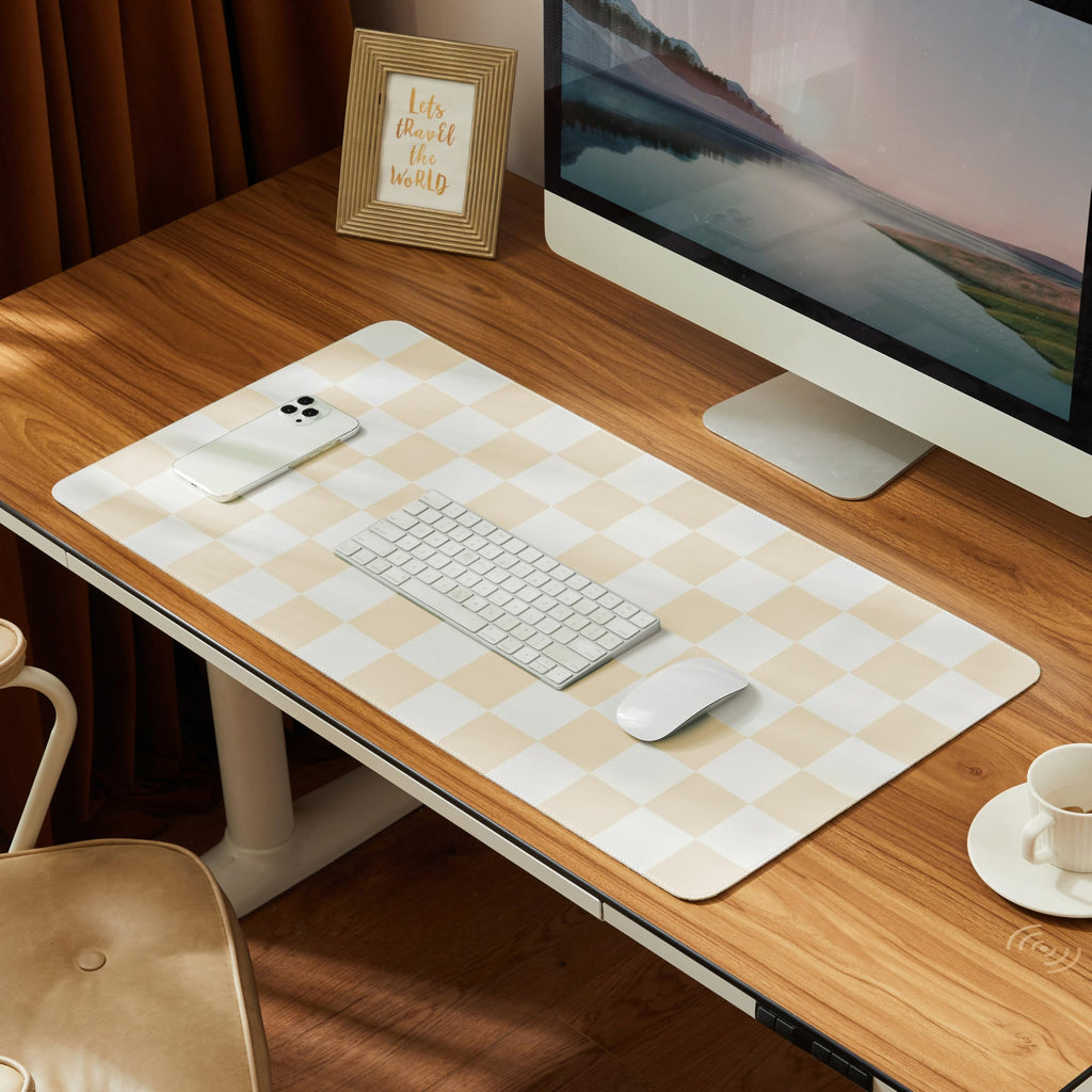 Ohocut Checkered Desk Mat, Large Cute Aesthetic Retro PU Leather Computer Laptop Desk Mat, Non-Slip Waterproof Mouse Keyboard Pad, Desk Writing Mat for Work/Home (Beige, 23.6" x 13.7")