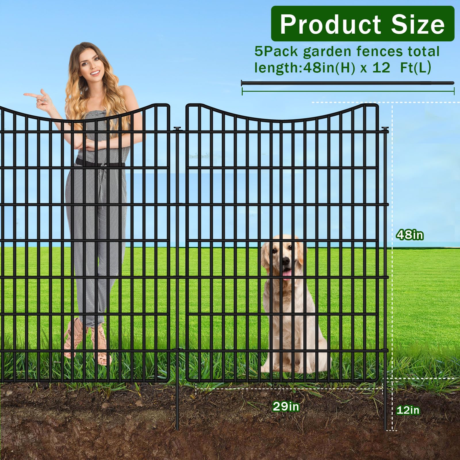 10 Panels Garden Fence Animal Barrier, 33 in(H) X 24 ft(L) Dog Fence Outdoor for Yard with Lock, Tall Metal Fencing with Ground Stakes, Temporary Fencing for Dog, Rabbits, and Patio Border