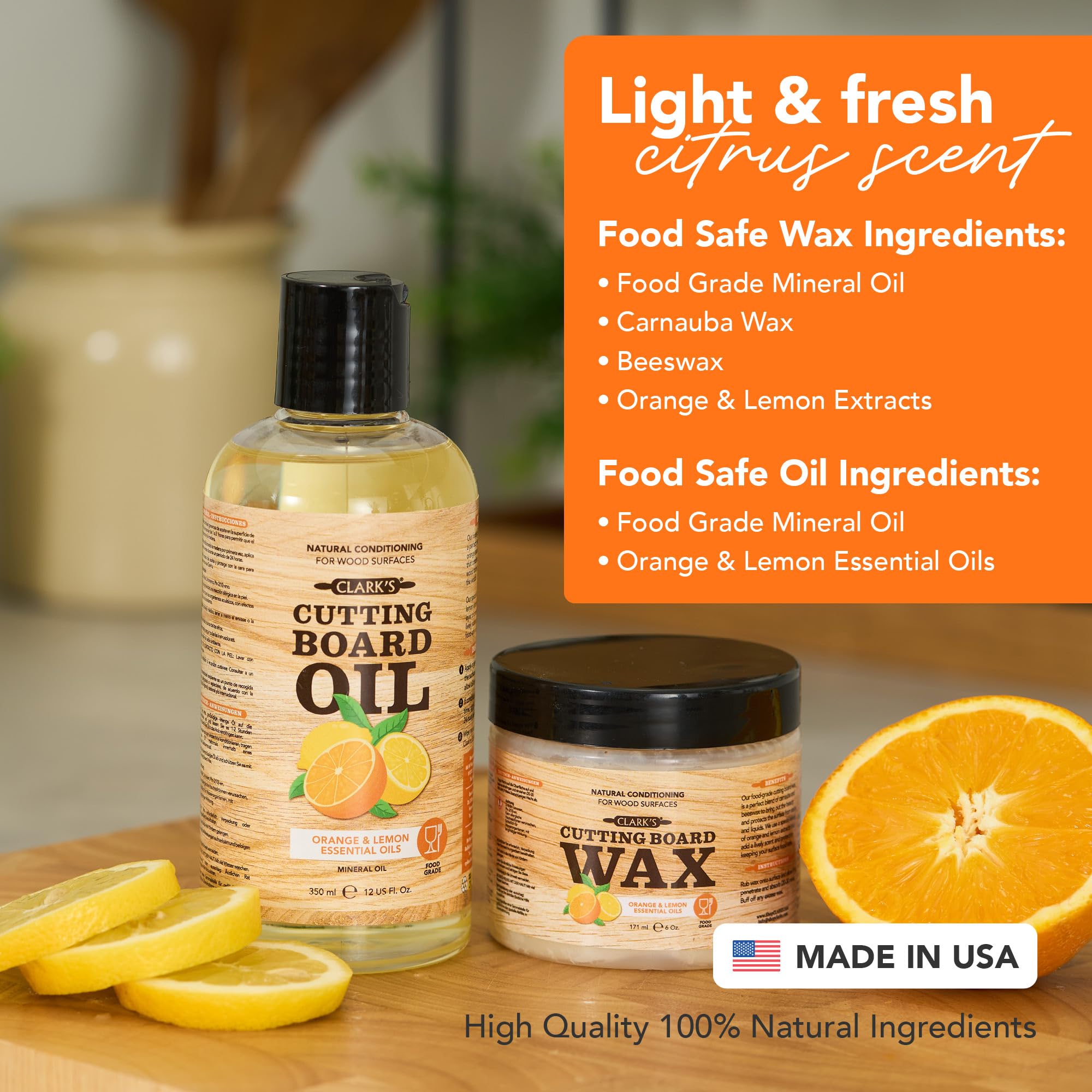 CLARK'S Cutting Board Care Kit with Coconut Oil - Includes Butcher Block Oil and Wax - Made with Refined Coconut Oil, Natural Beeswax, and Carnauba Wax - For Kitchen Countertops and Butcher Blocks