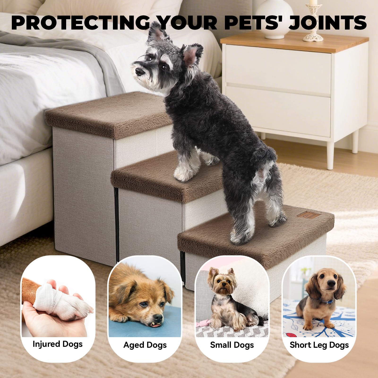 Zerbuger Dog Stairs with Condo 15" H, 2-Step Wider Dog Steps for Small/Medium/Large Old Dogs Cats, Folding Sturdy Storage Pet Stairs Climbing Bed Couch, Ramp for Car Hold Up to 150 lbs, Beige