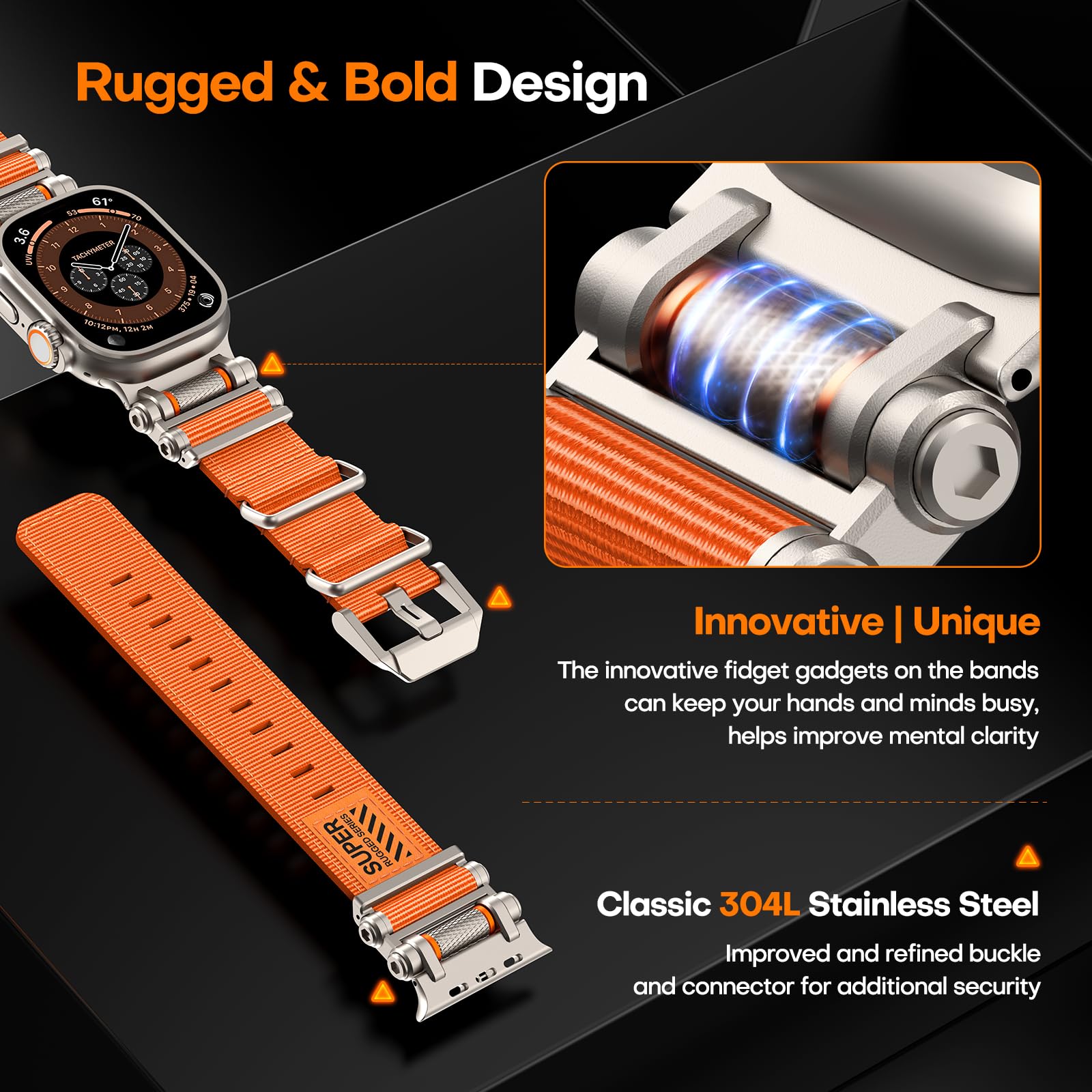 TAURI Nylon for Apple Watch Bands SE/Series 9/8/7/6/5/4 44/45mm, Rugged Nylon Braided Strap & Stainless Steel Connector – iWatch 44mm/45mm Adjustable Woven Band for Men Women, All Black