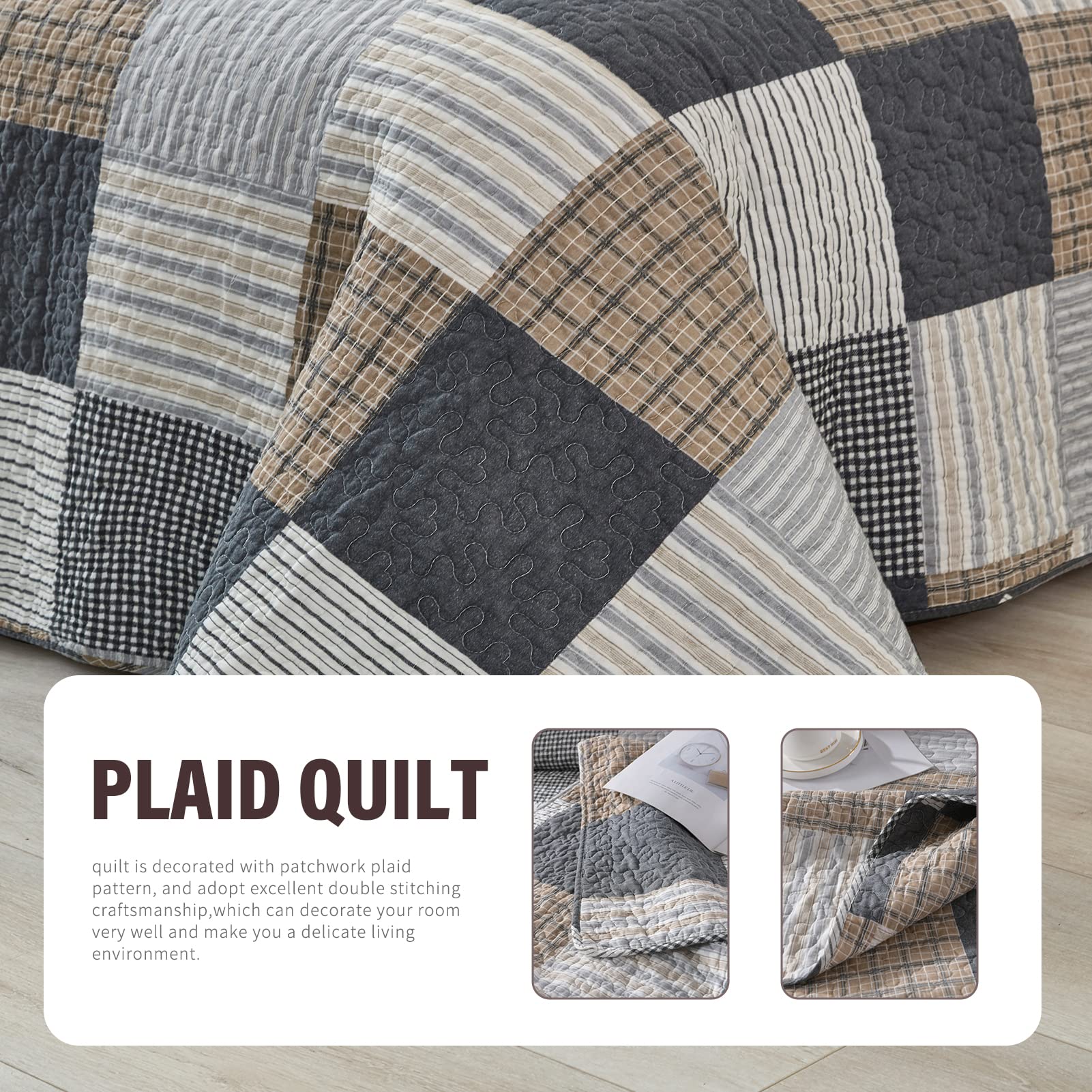 Y-PLWOMEN 100% Cotton Farmhouse Plaid Lightweight 3-Pieces Quilt Set (Blue Brown, Queen90 * 98 Inch)