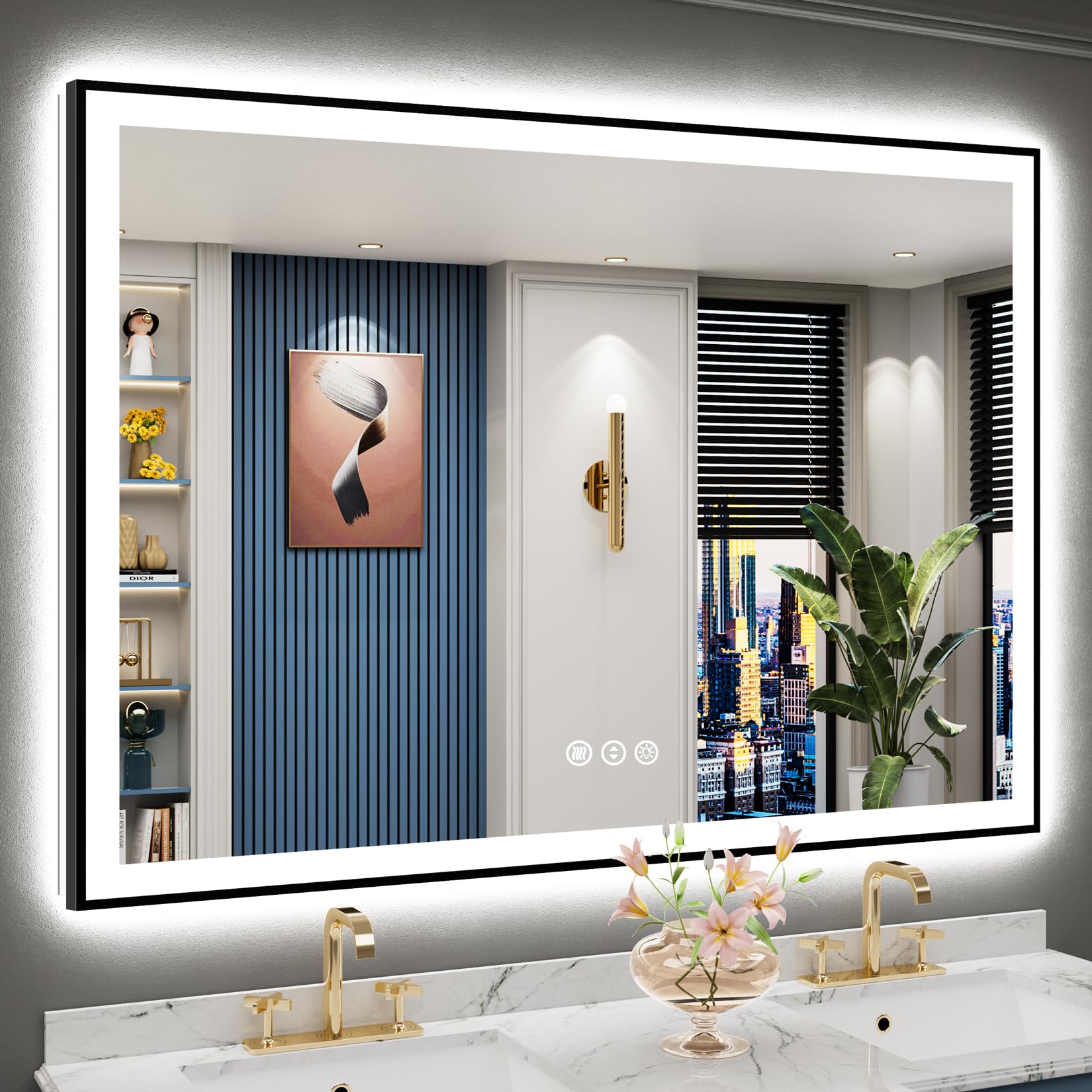 24x32 Black Framed LED Bathroom Mirror with Lights, Backlit and Front Lit Anti-Fog Lighted Vanity Mirrors for Bathroom Wall, Dimmable, 3 Colors, Memory, HD Tempered Glass, Horizontal/Vertical