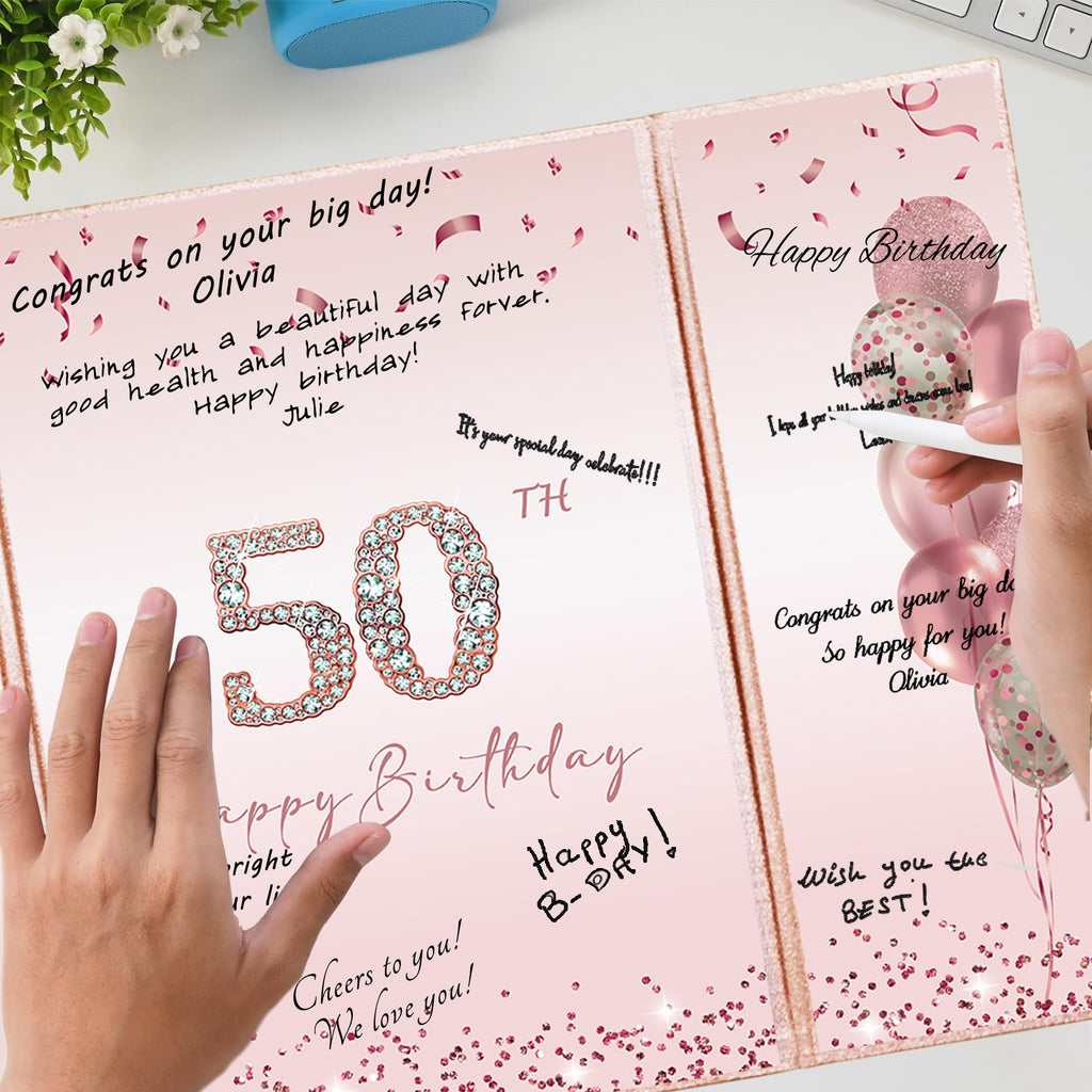 DARUNAXY Rose Gold 50th Birthday Party Decorations for Women, Happy 50th Birthday Alternative Signature Guest Book Black Pink 50 Birthday Signing Card Board Party Supplies Cheers to 50 Years Old Gift