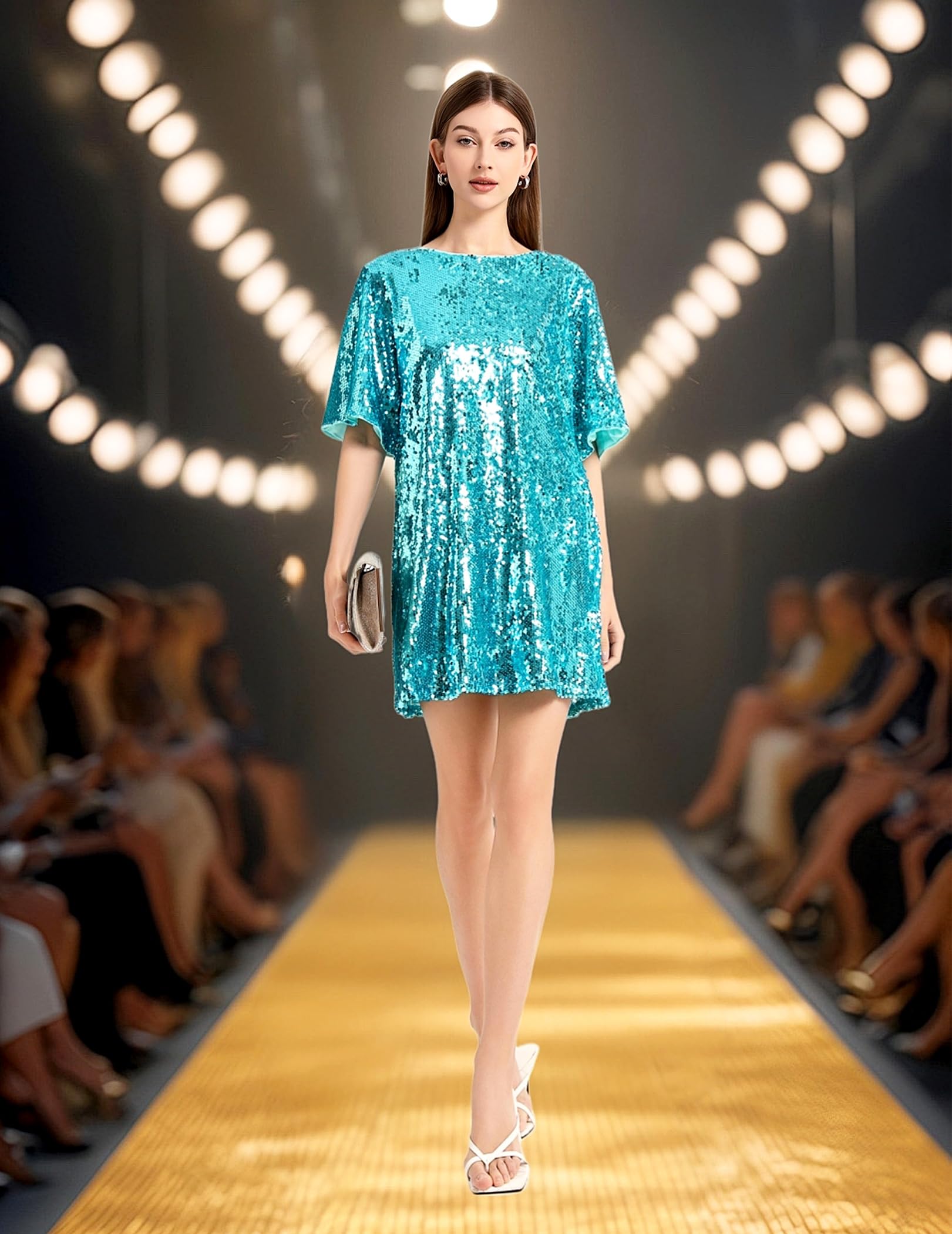 Women's Crew Neck Sequin Dress for Women Sexy V Neck Shirt Dress Sparkly Half Sleeve Loose Party Club Cocktail Dress