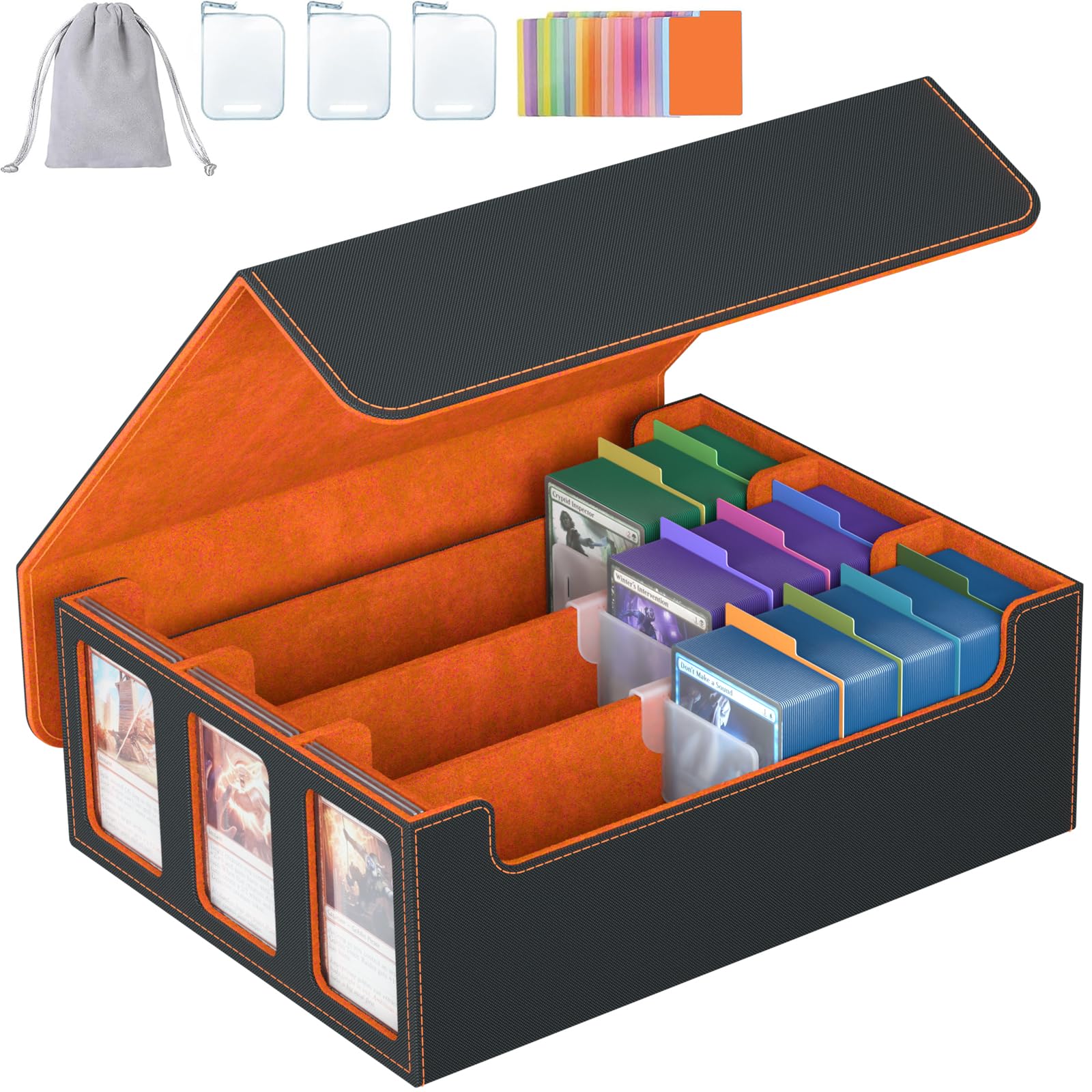 3-Row Trading Card Storage Box, Bulk Cards Case for 2400+ Mtg tcg Magic Playing Game Card Organizer, Commander Deck Box with 3 Supports & 24 Dividers