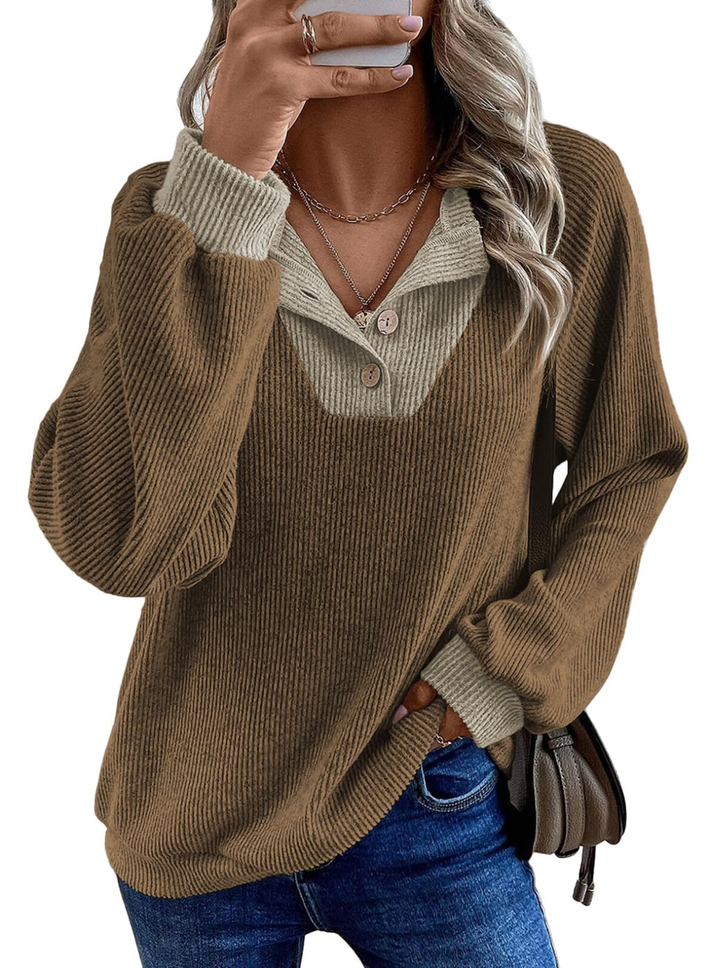 EVALESS Womens Fall Fashion 2026 Womens Long Sleeve Shirts Patchwork Button Up V Neck Sweatshirt Casual Pullover Tops