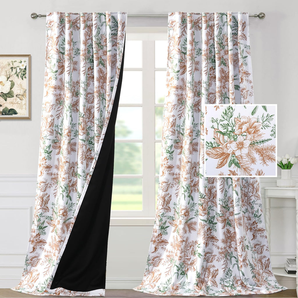 H.VERSAILTEX Blackout Curtains 63 Inch Length 2 Panels Set Floral Print Curtain Drapes for Living Room Thermal Insulated Grommet Window Curtains for Bedroom - Traditional Floral in Antique Green