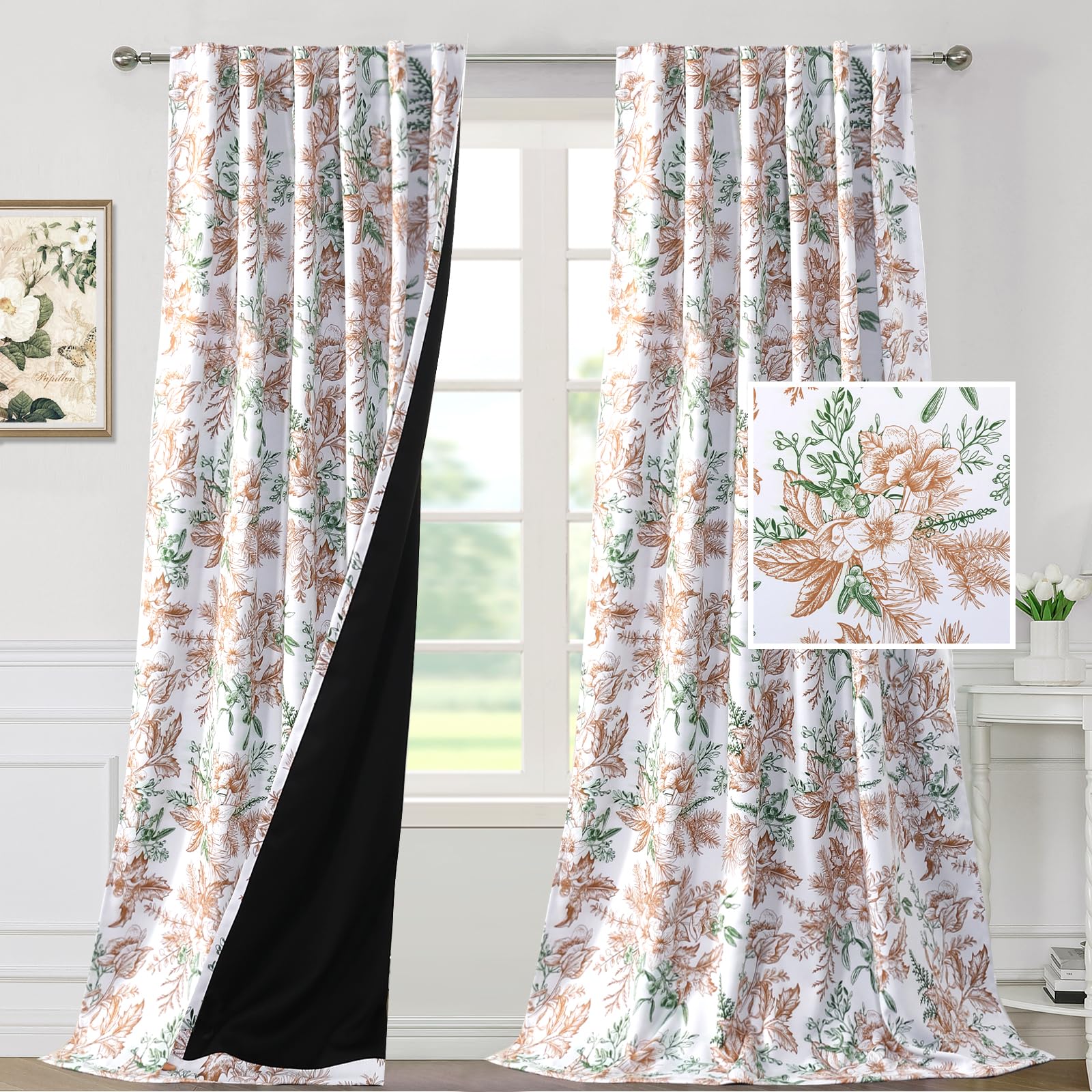 H.VERSAILTEX Blackout Curtains 63 Inch Length 2 Panels Set Floral Print Curtain Drapes for Living Room Thermal Insulated Grommet Window Curtains for Bedroom - Traditional Floral in Antique Green
