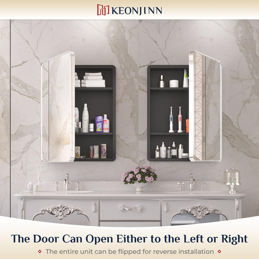 Keonjinn 15 x 36 Inch Black Slim Medicine Cabinets, Narrow Bathroom Side Medicine Cabinet with Mirror, Stainless Steel Framed, Adjustable Shelves, Recessed or Wall Mount, Modern Farmhouse