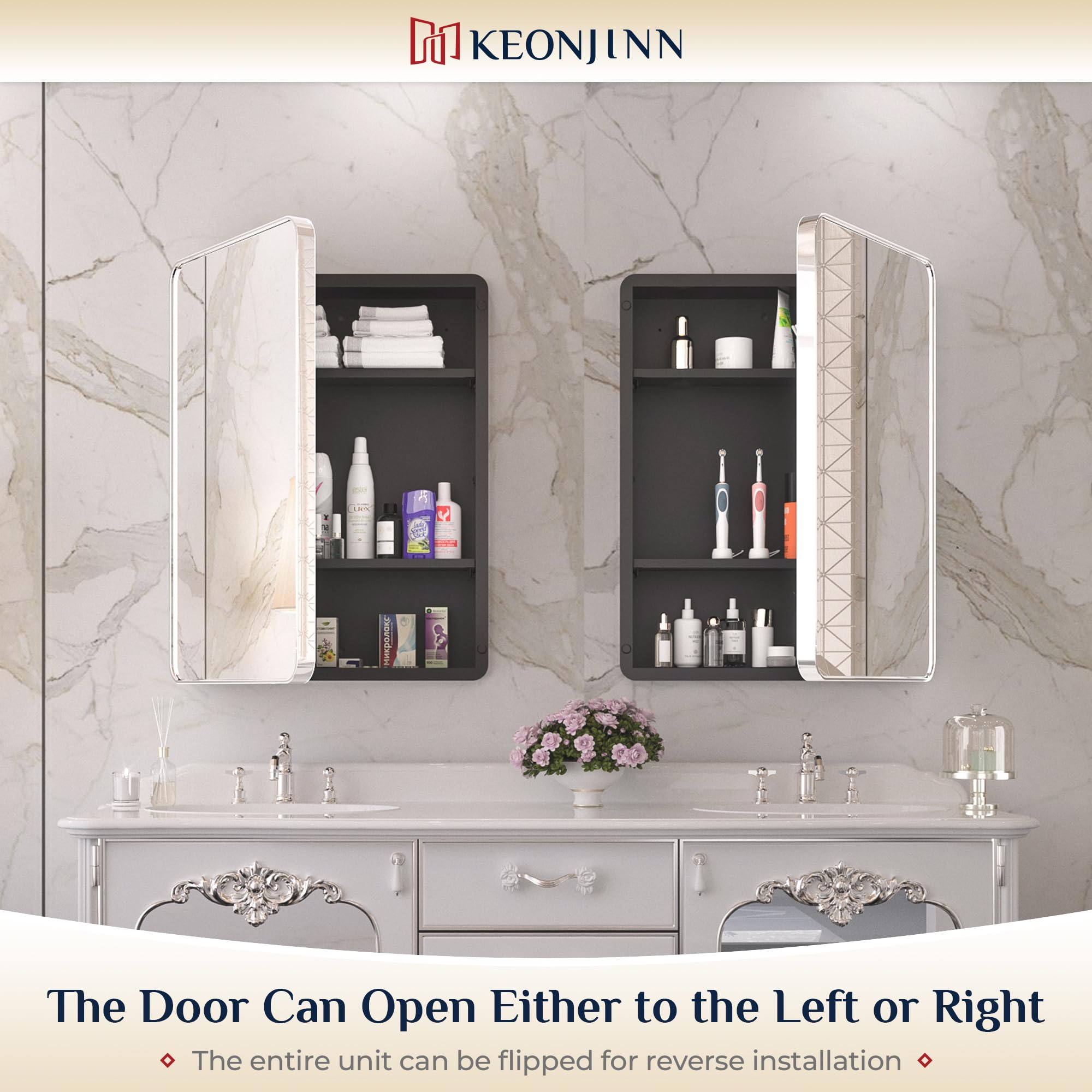 Keonjinn 15 x 36 Inch Black Slim Medicine Cabinets, Narrow Bathroom Side Medicine Cabinet with Mirror, Stainless Steel Framed, Adjustable Shelves, Recessed or Wall Mount, Modern Farmhouse