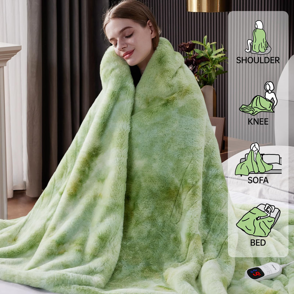 Guohaoi Heated Blanket Electric Throw, Soft Faux Rabbit Fur Electric Blanket with 10 Heating Levels 5 Sitting Timer Auto Off, Cozy Warm Heating Blankets, Machine Washable(50"×60" Beige)