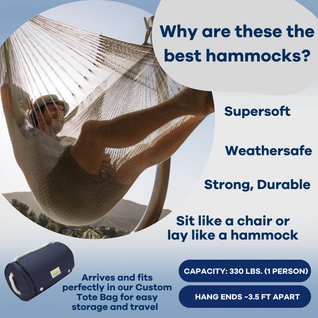 Handwoven Hanging Chair by Yellow Leaf Hammocks - Fits 1 Person, 330lb Max - Kick Back for Full-Body Recline - Weathersafe, Ultra Soft, Hang Anywhere - Color: Natural Khaki