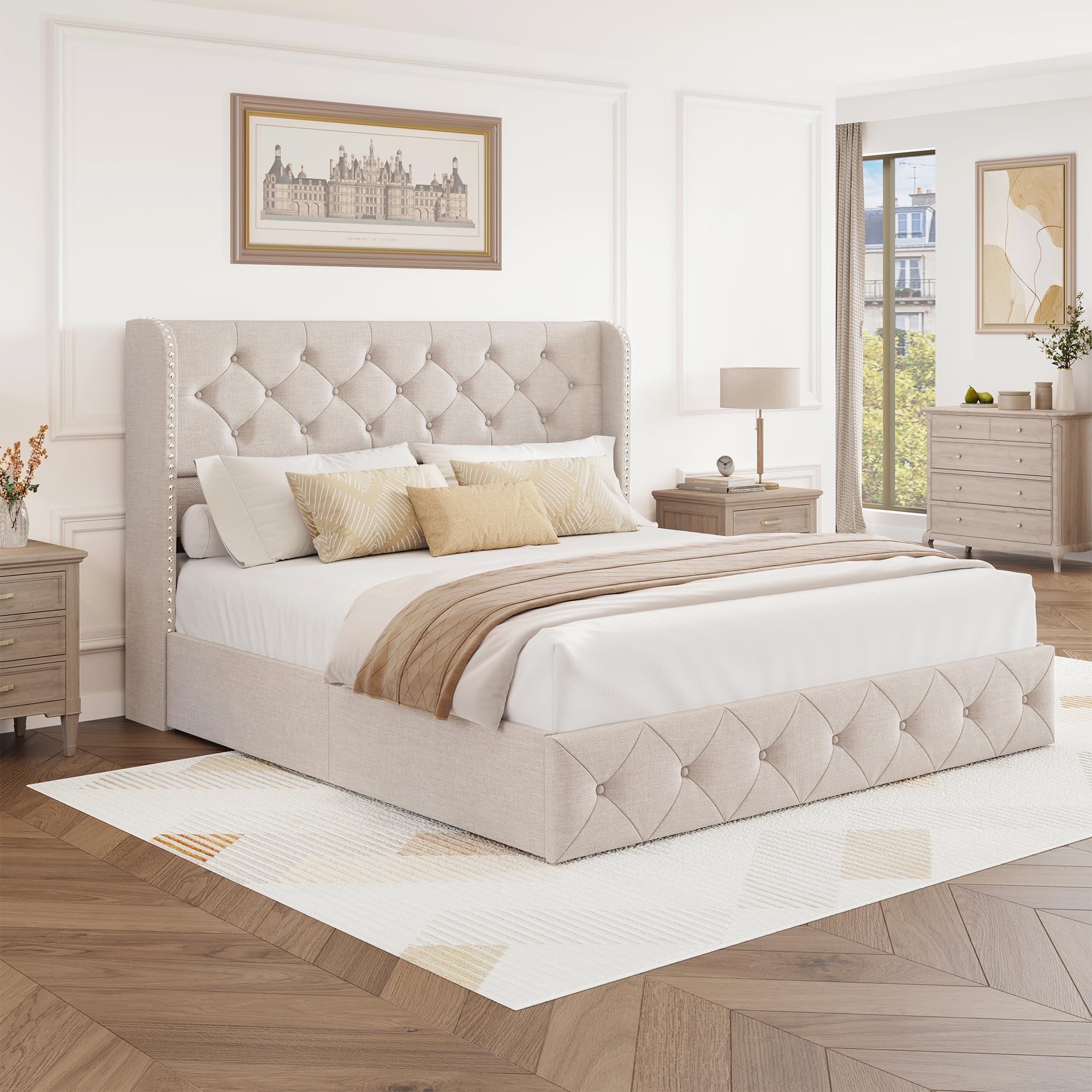 BRELTAM Full Size Bed Frame with Storage Drawers and Wingback Headboard Linen Upholstered Platform Bed Frame Tufted Beds with Heavy Duty Wood Slats, Noise Free, Easy Assembly, Beige