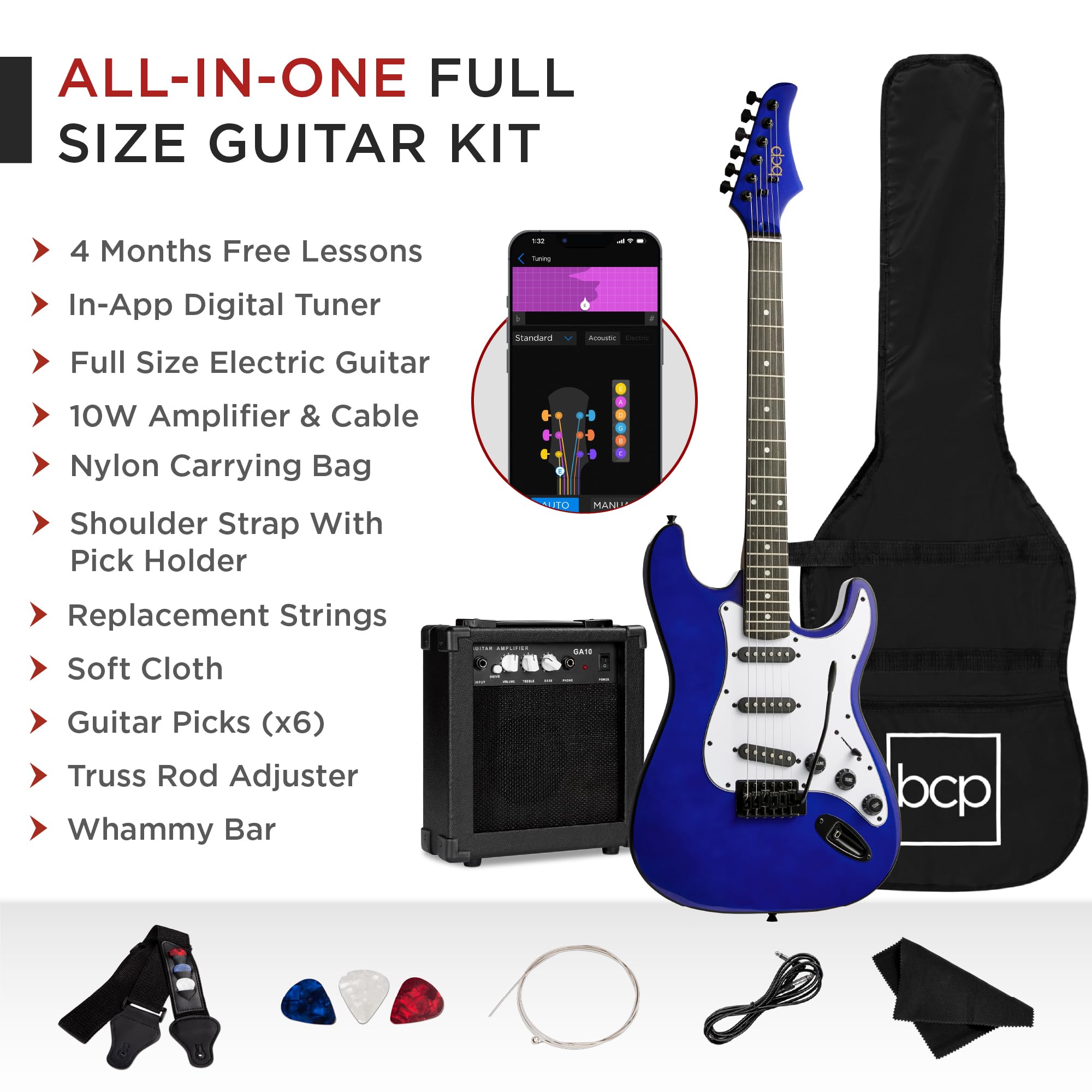 Best Choice Products 39in Full Size Beginner Electric Guitar Starter Kit w/Case, Strap, 10W Amp, Strings, Pick, Tremolo Bar - 3 Color Sunburst