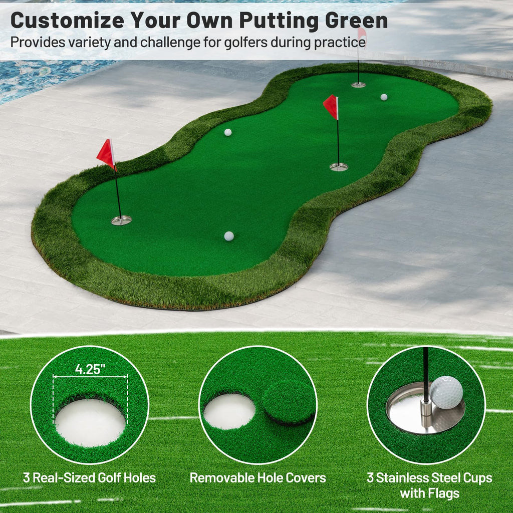 Tangkula 10 FT Golf Putting Green, Large Professional Golf Training Mat with Realistic Artificial Grass Turf, 3 Holes, 3 Flags and Cups for Indoor Outdoor Putting Practice