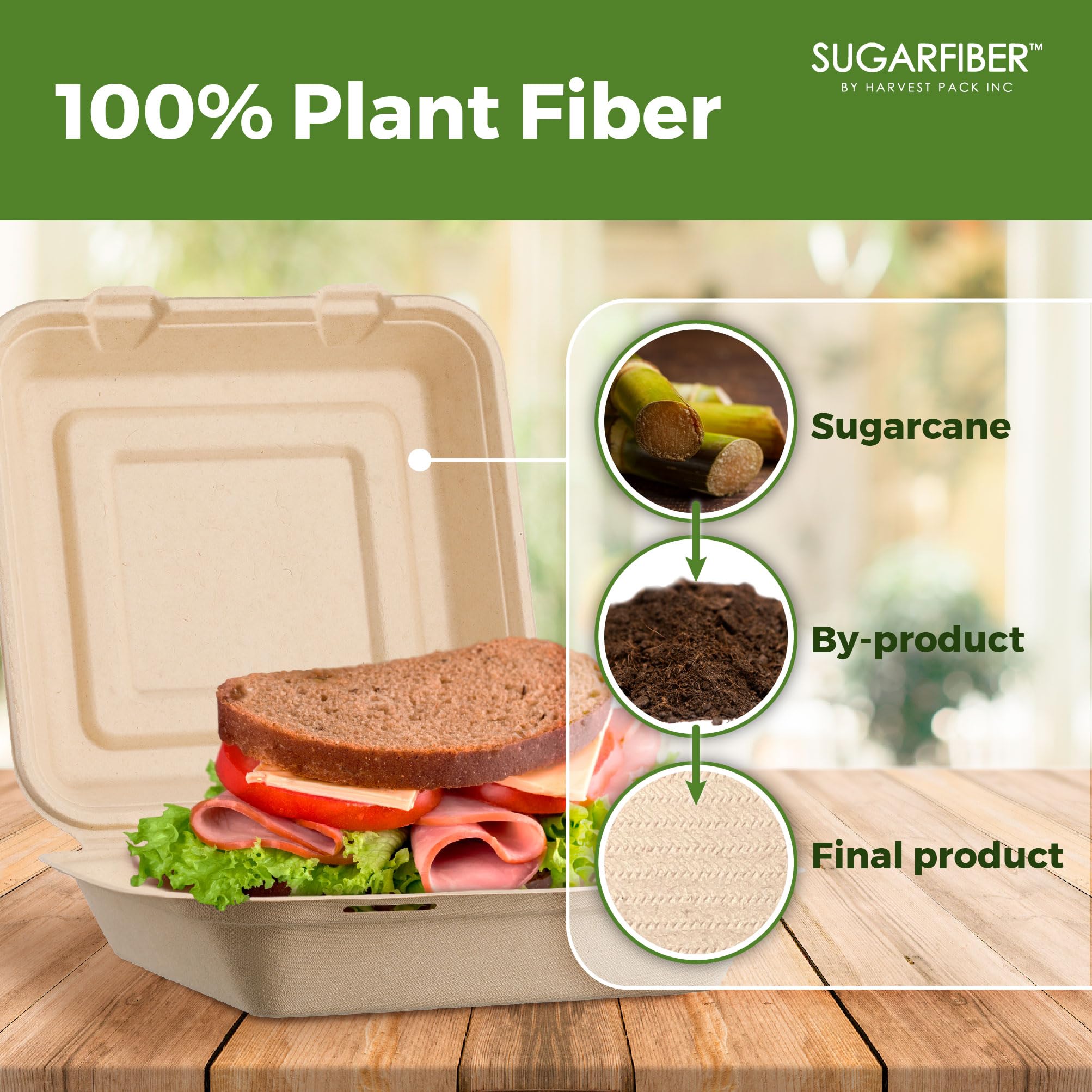 [50 COUNT]Harvest Pack 6 X 6" Compostable Clamshell Take Out Food Containers, PFAS FREE Square To go Containers with Lids, Heavy-Duty Disposable Bagasse Bento Cake Box, Eco-Friendly Sugarcane Fibers