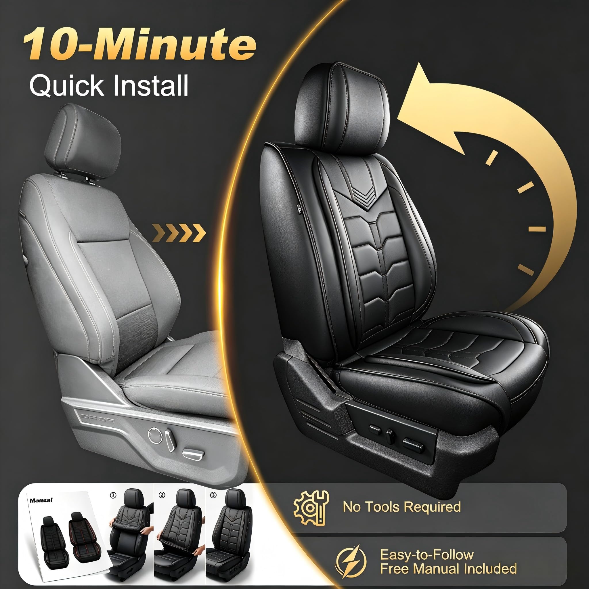 AOMSAZTO Seat Covers Fit for Ford F150 : 2009-2024 2025 2026 - F250/F350/F450 2017-2024 2025 2026 Truck Pick-up Front Car Seat Covers Faux Leather(Blackline, 2PCS Front)