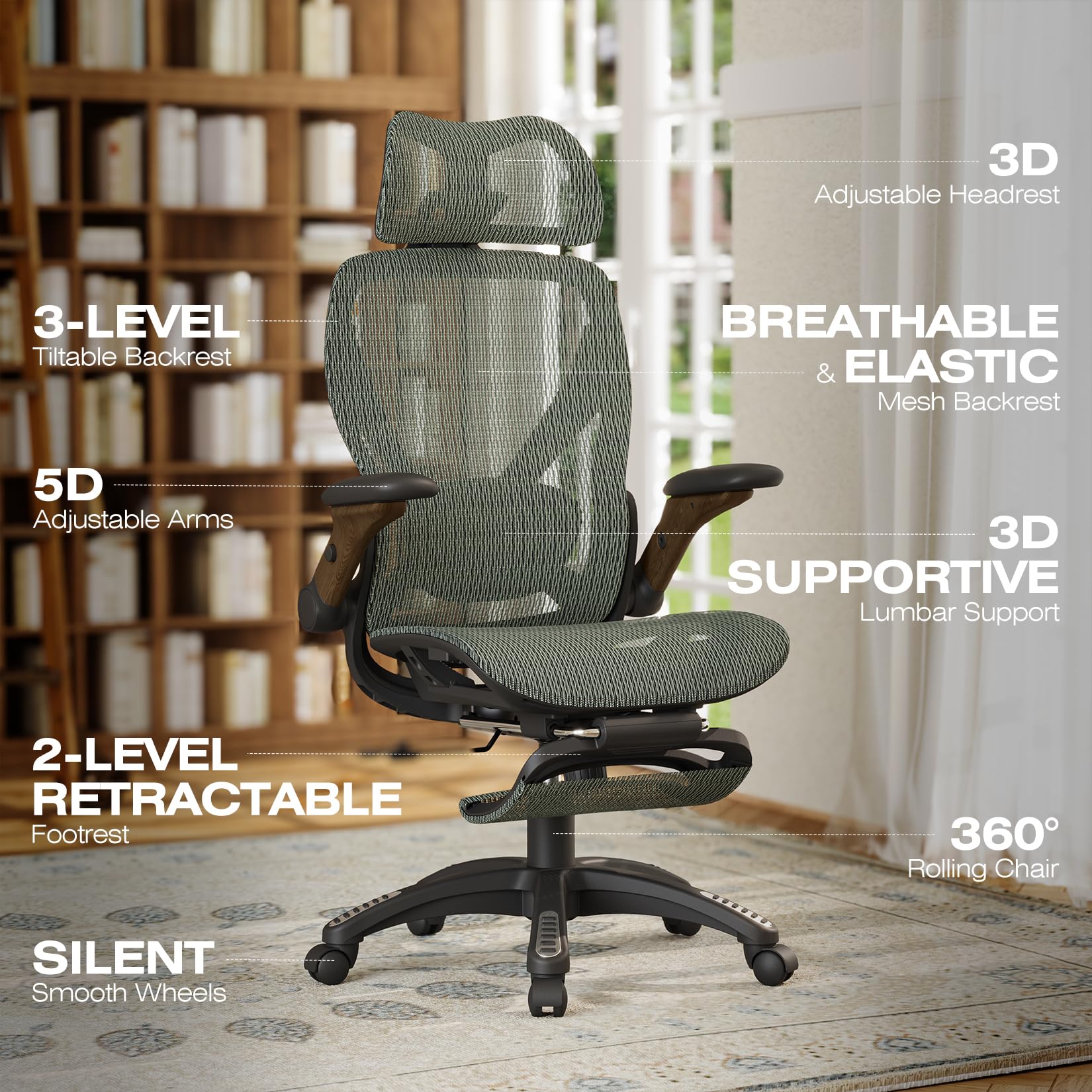 ELABEST X100 Ergonomic Office Chair with Footrest, Big and Tall Home Desk Chair with 5D Flip-Up Arms, Adjustable 3D Lumbar Support,High Back Rolling Computer Chair, Swivel Mesh Chairs (Coffee Break)