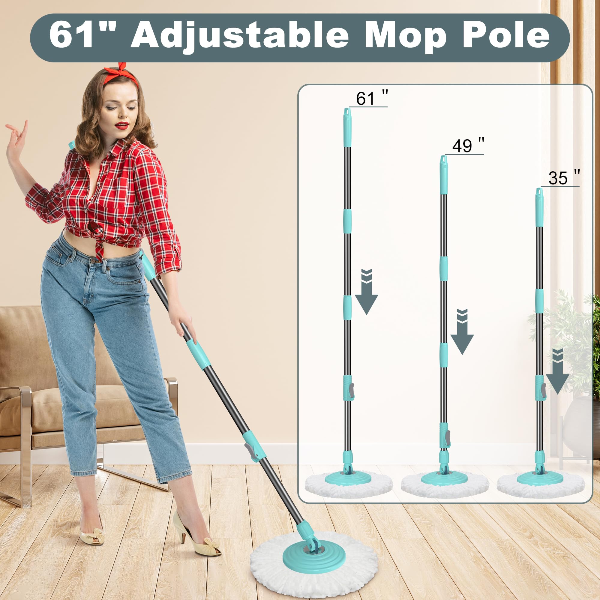 Dual Compartment Spin Mop and Bucket, Mop and Bucket with Wringer Set,360°Rotating Spinning Mopping for Floor Cleaning with 6 Microfiber Replacement Heads, 61" Extended Handle, 2X Wheel - Deep Green