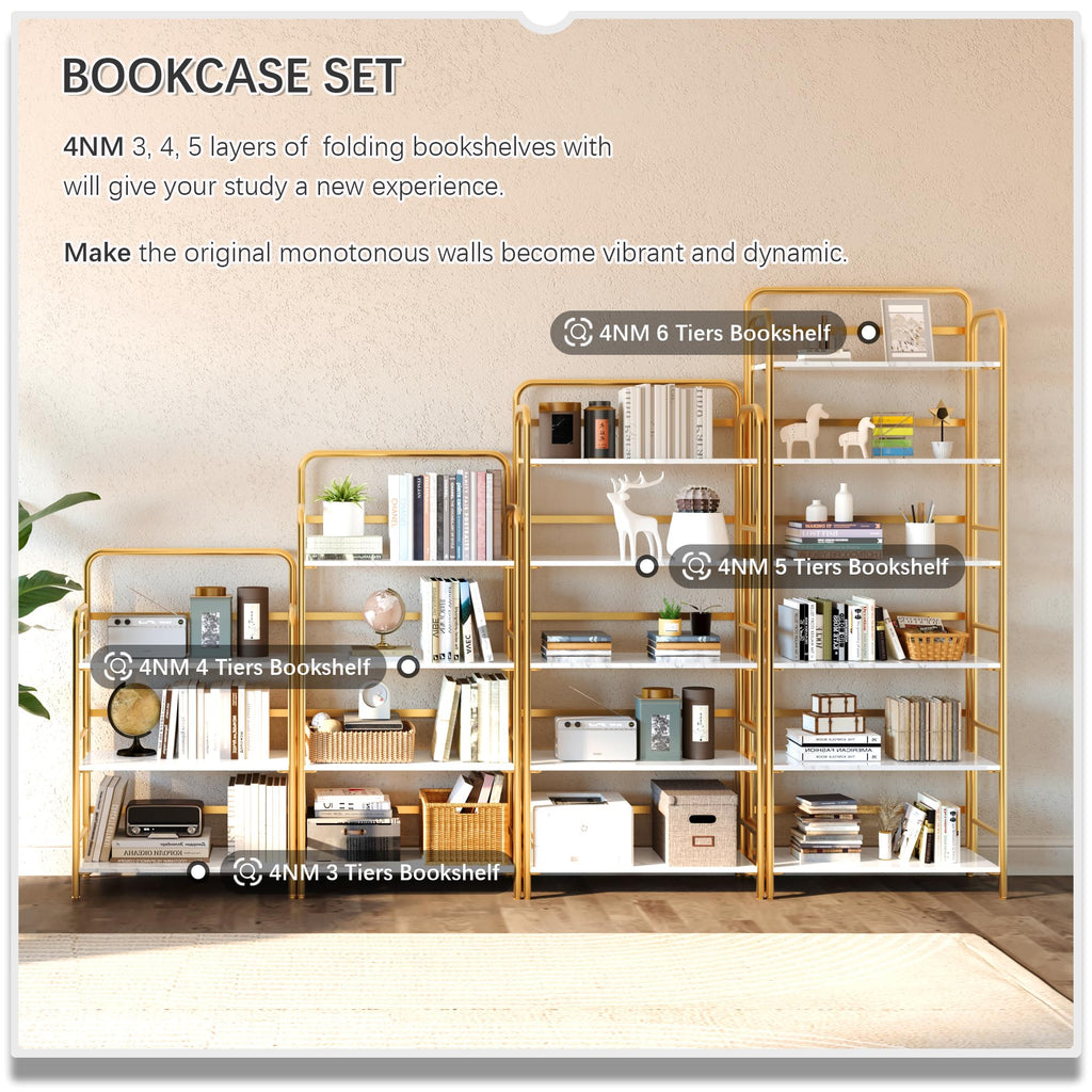 4NM No Assembly Folding Bookshelf, 3 Tiers Collapsible Book Shelves Open Industrial Foldable Storage Bookcase Shelf for Bedroom, Living Room, Home Office - Natural and White