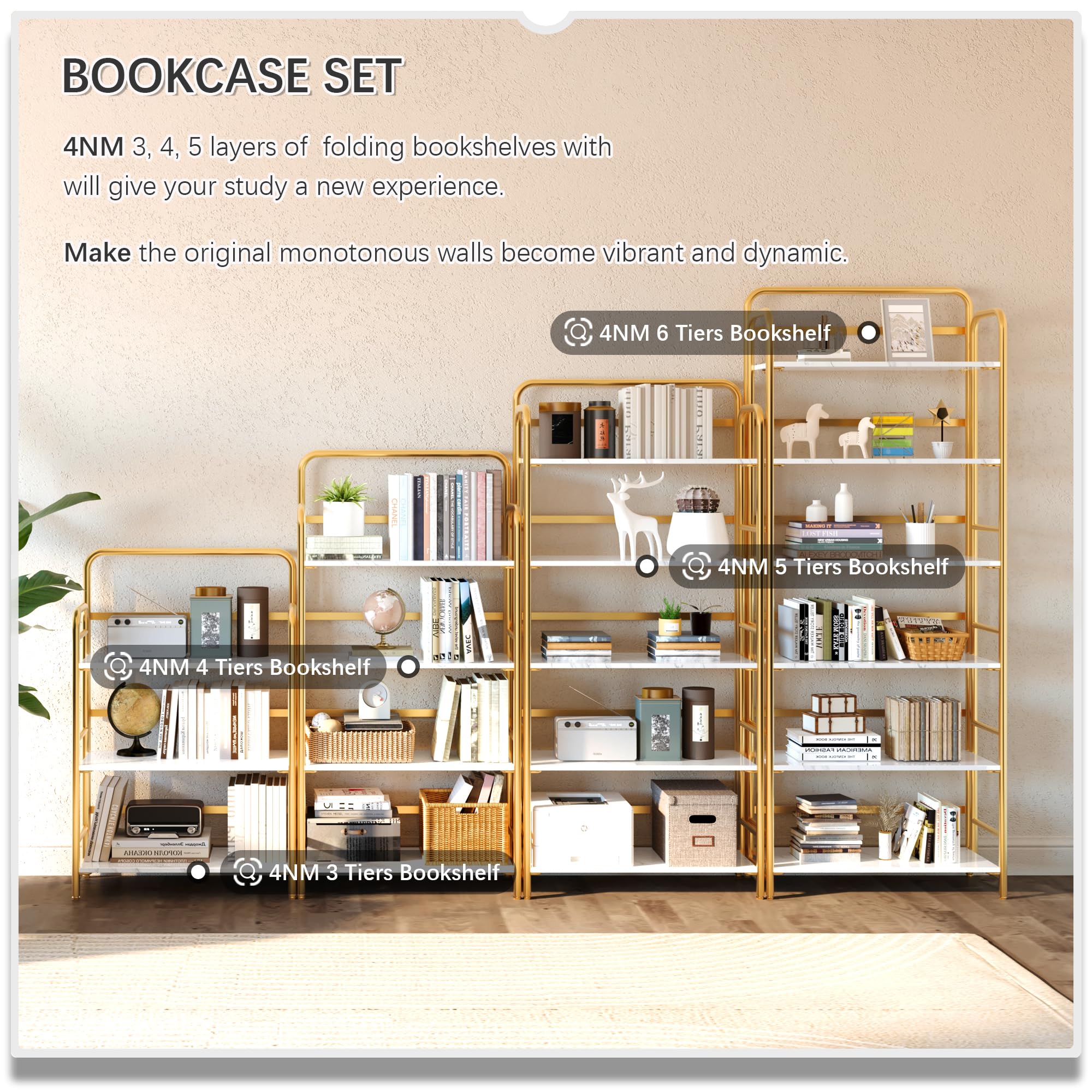 4NM No Assembly Folding Bookshelf, 3 Tiers Collapsible Book Shelves Open Industrial Foldable Storage Bookcase Shelf for Bedroom, Living Room, Home Office - Natural and White