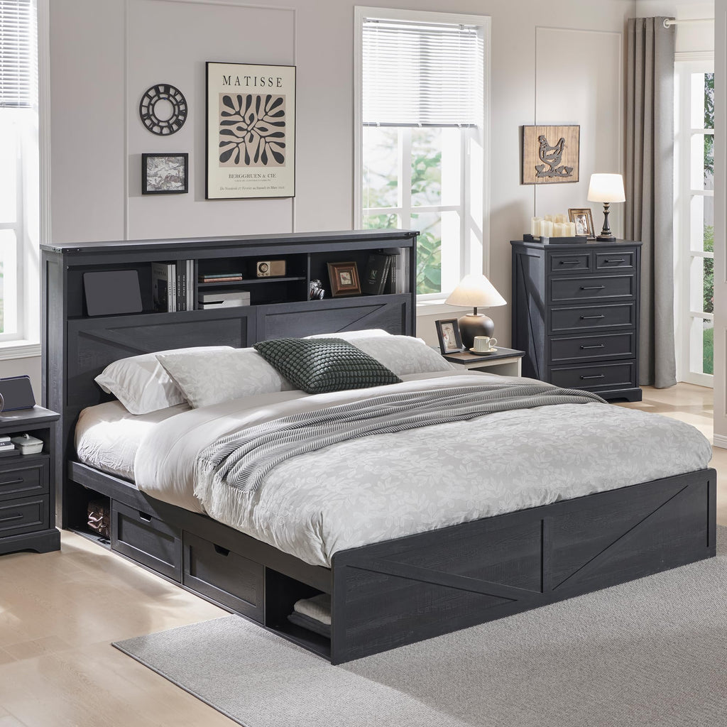 ACCOHOHO Queen Size Wood Bed Frame Farmhouse with 52" Tall Storage Bookcase Headboard, LED Light,Charging Station,4 Drawers and Solid Wood Slats Support,Noiseless,No Box Spring Needed - Black