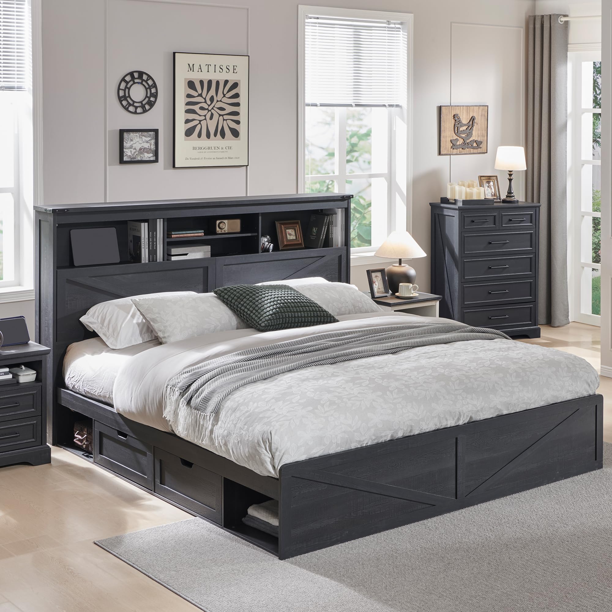 ACCOHOHO Queen Size Wood Bed Frame Farmhouse with 52" Tall Storage Bookcase Headboard, LED Light,Charging Station,4 Drawers and Solid Wood Slats Support,Noiseless,No Box Spring Needed - Black