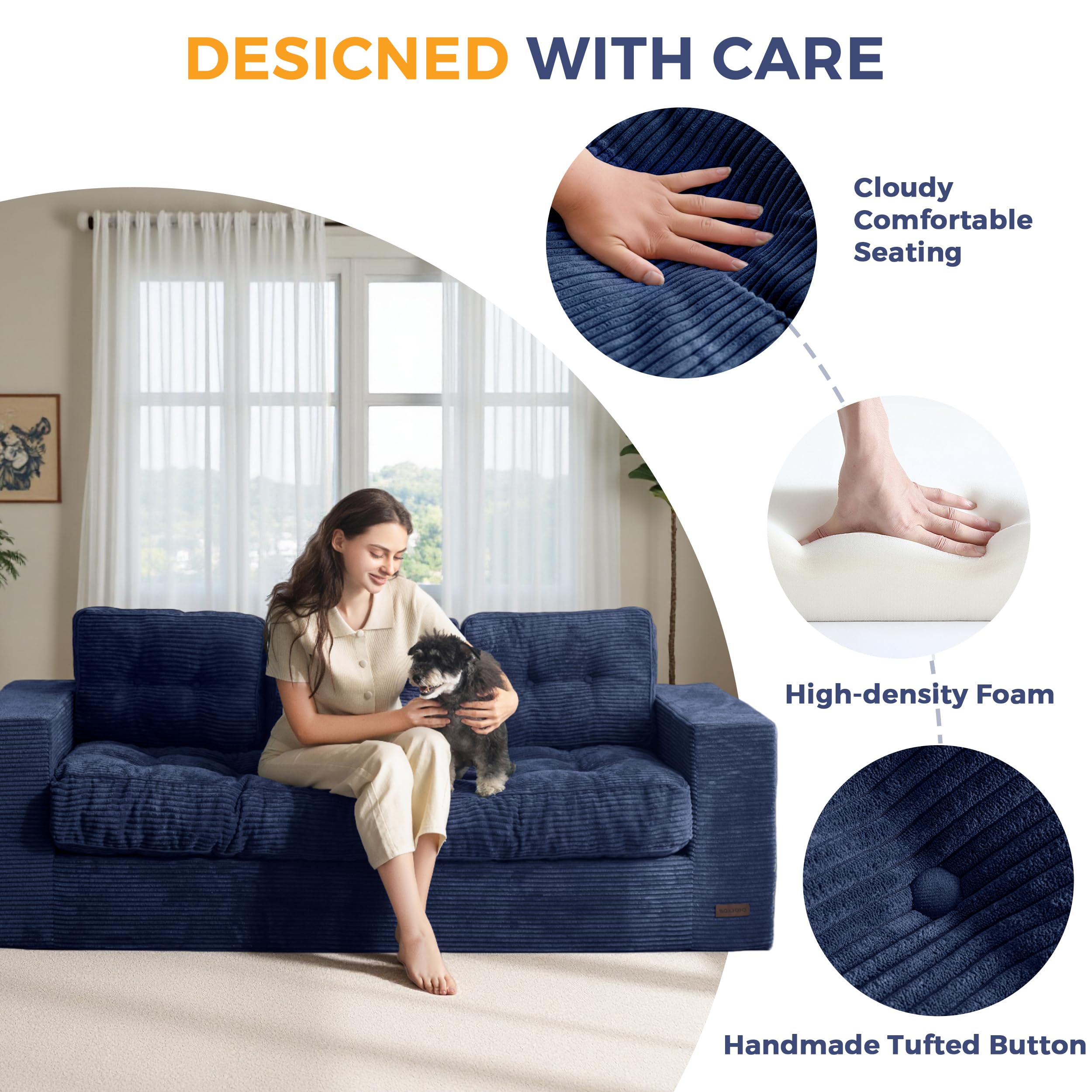 MAXYOYO 3 Seater Sofa Couch for Living Room, Tufted Boneless Couch Sofa Couch, Comfy Bubbled Bean Bag Chair for Apartment, No Assembly Needed, Beige