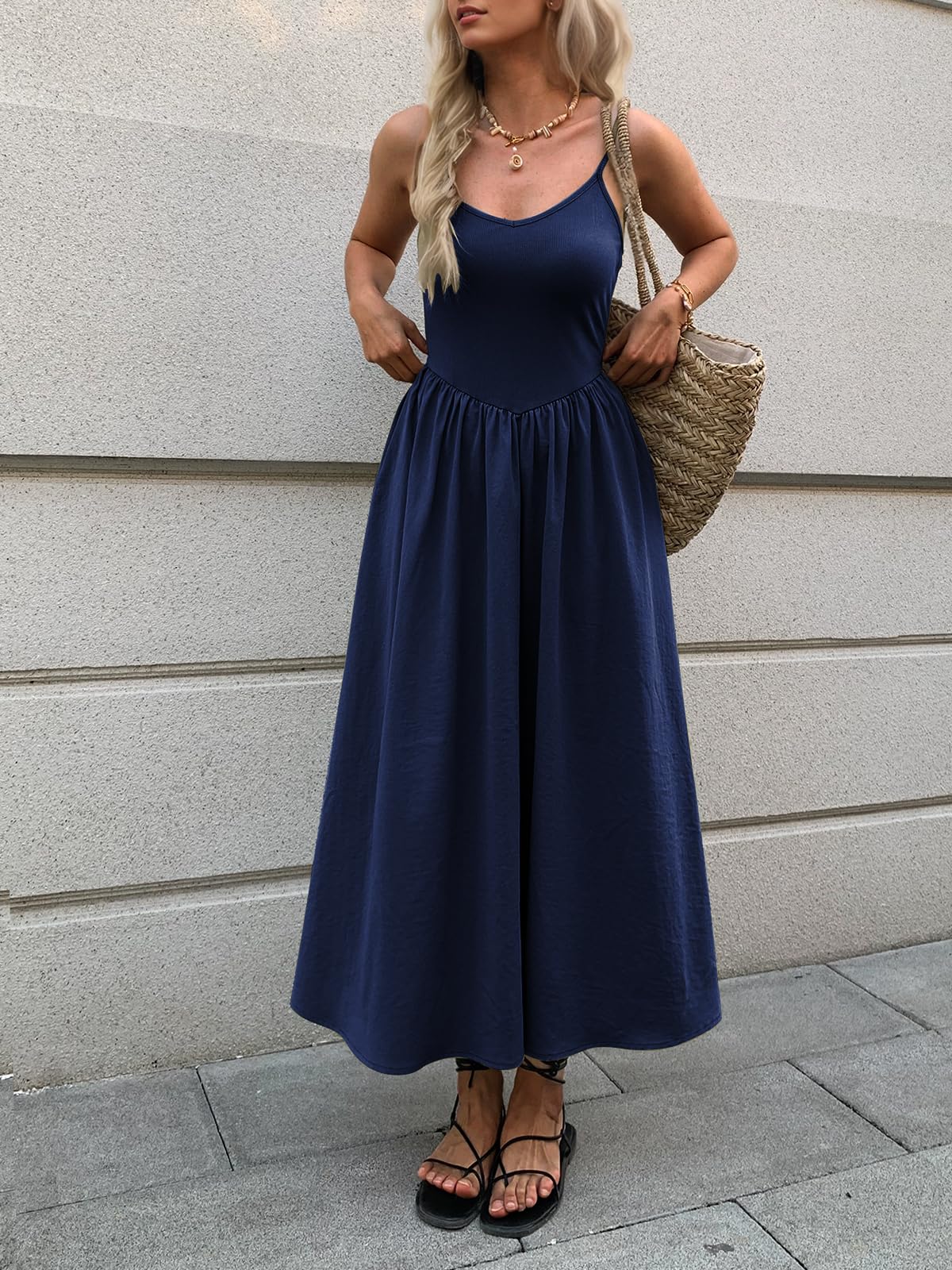 Mieazom Women’s Sleeveless V-Neck Maxi Dress with Pockets – Slim Fit Casual Summer Spaghetti Strap Dress for Vacation