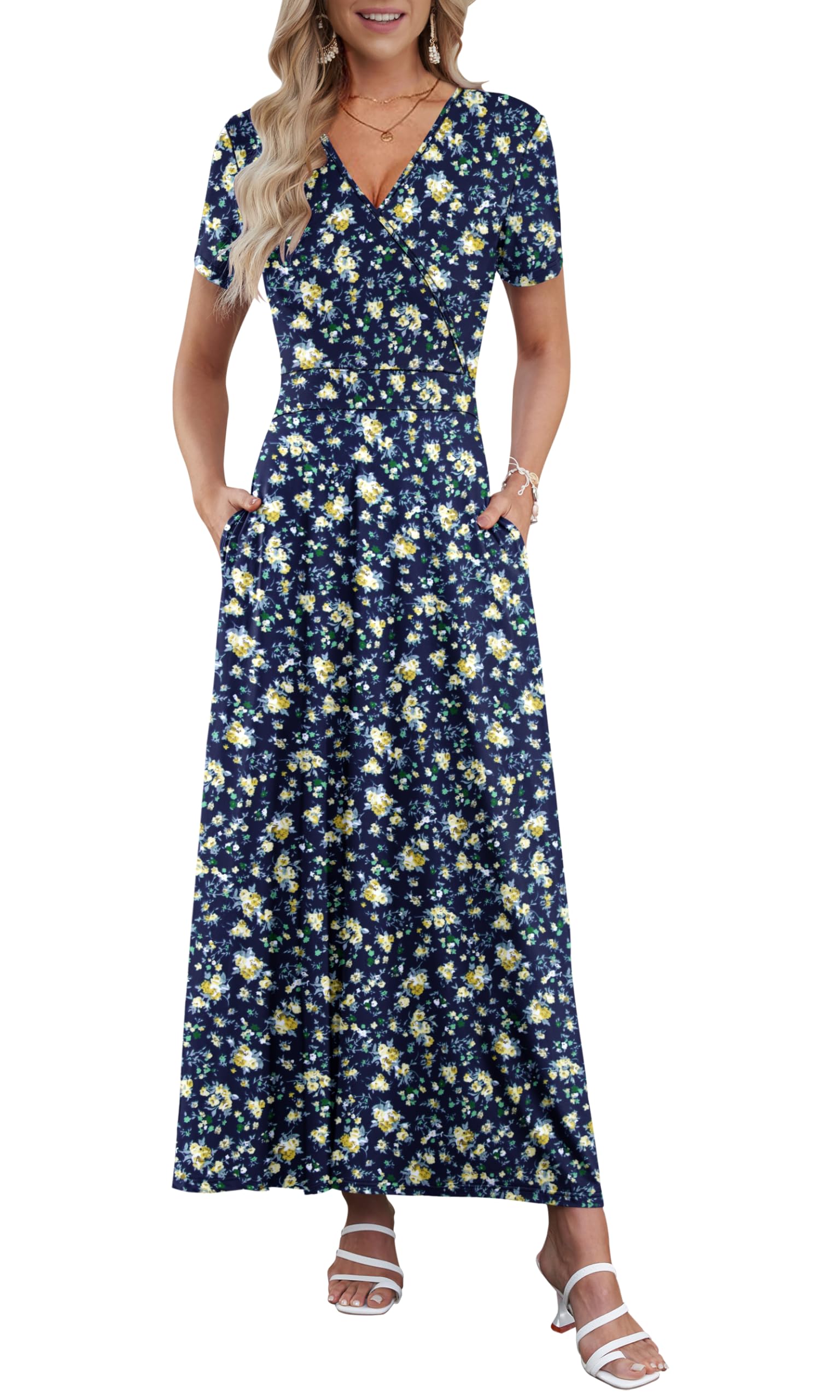 AUSELILY Maxi Dresses for Women Ankle Length Floral Print Beach Long Flowy Dress with Pockets