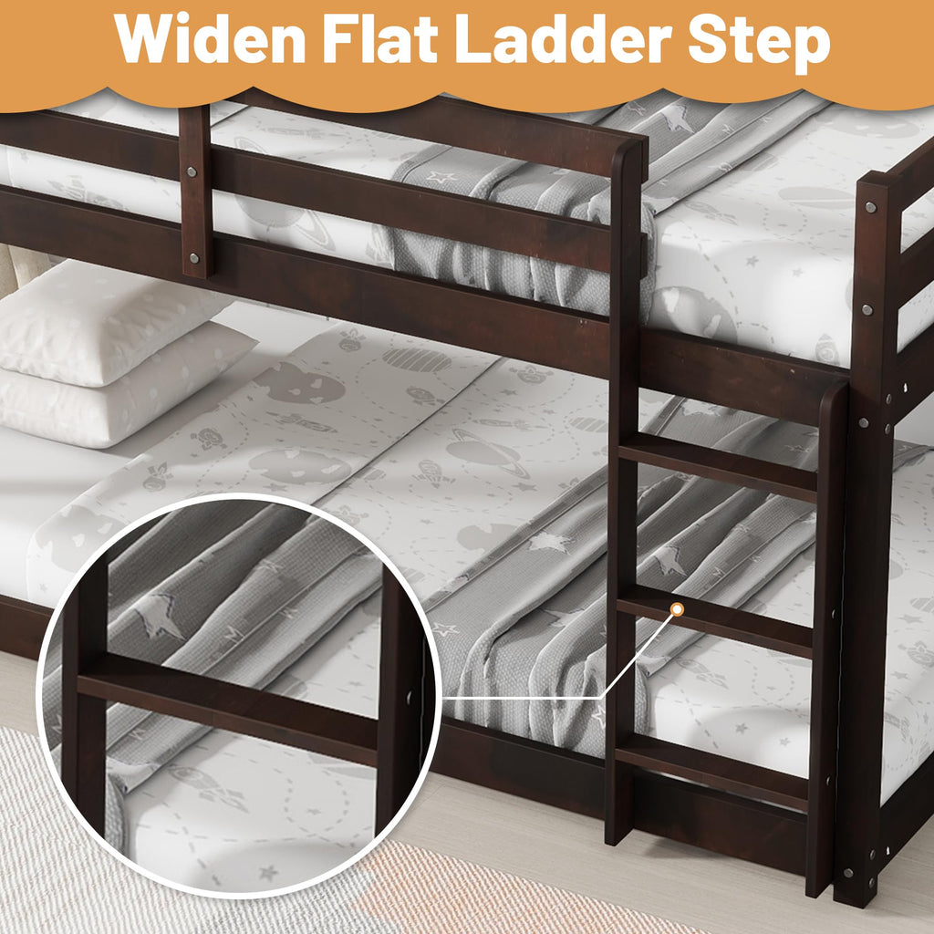 Bunk Bed Twin Over Twin, Wood Low Profile Floor Twin Bunk Beds with Headboard Ladder Guardrails for Kids Boys and Girls, No Box Spring Needed