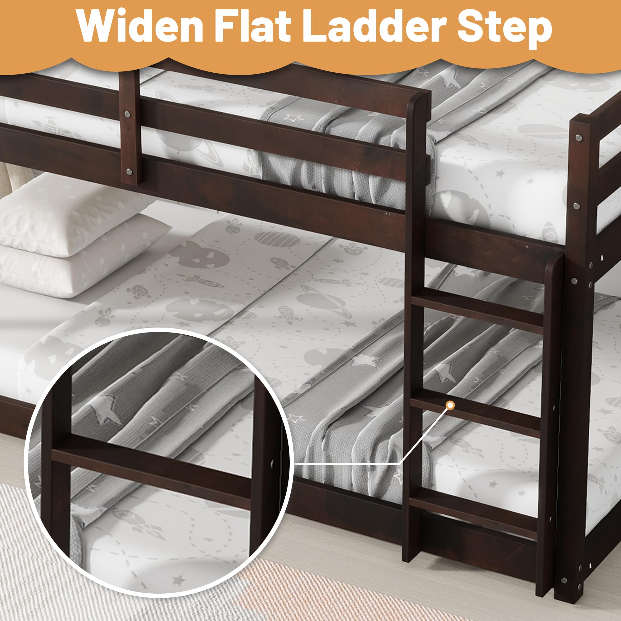 Bunk Bed Twin Over Twin, Wood Low Profile Floor Twin Bunk Beds with Headboard Ladder Guardrails for Kids Boys and Girls, No Box Spring Needed