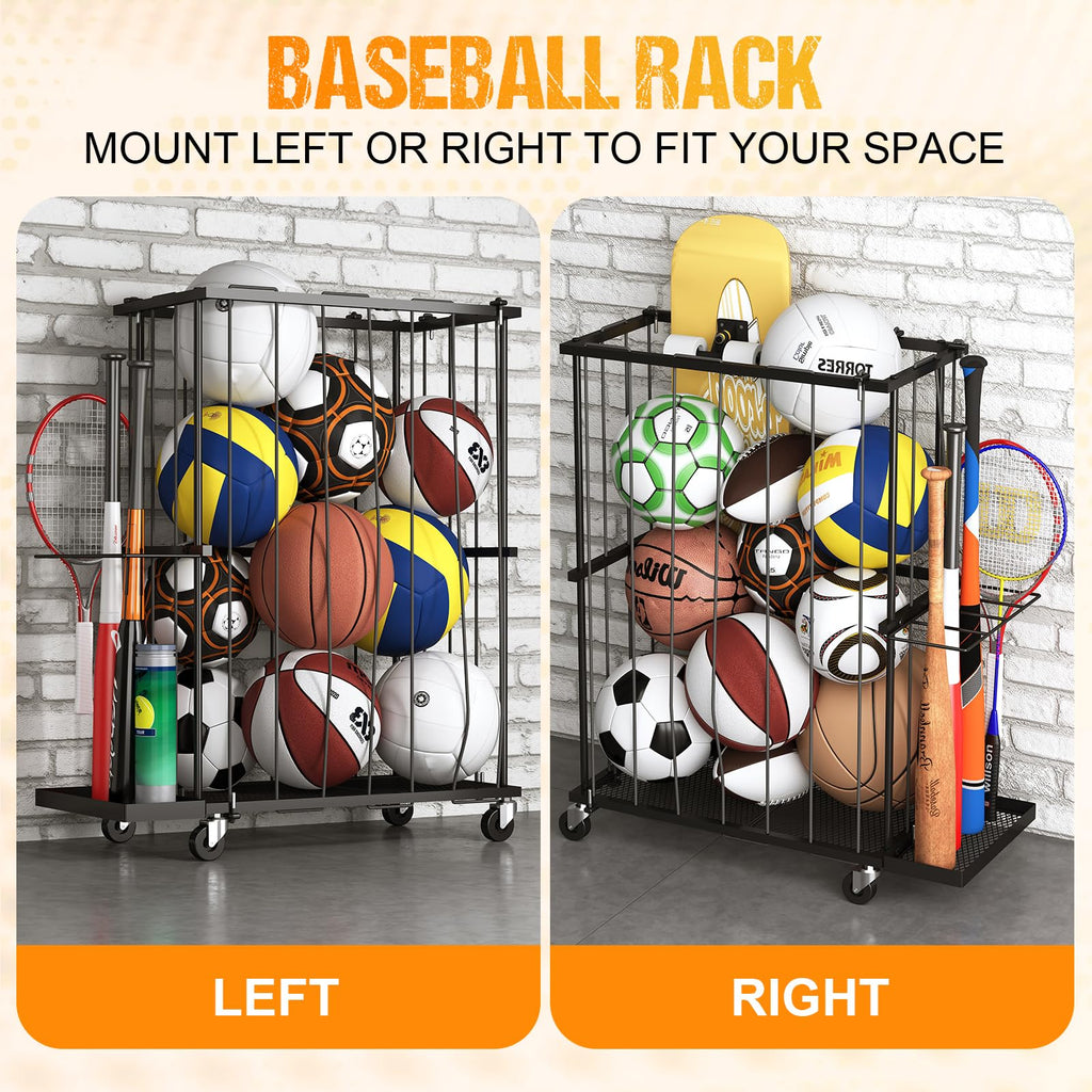 Hencawima Garage Ball Storage: Round Sports Equipment Organizer with Wheels, Sports Ball Rack With Elastic Rope, Ball Holder for Basketball, Soccer, Volleyball, Football, Garage, Gym, Outdoor (Black)