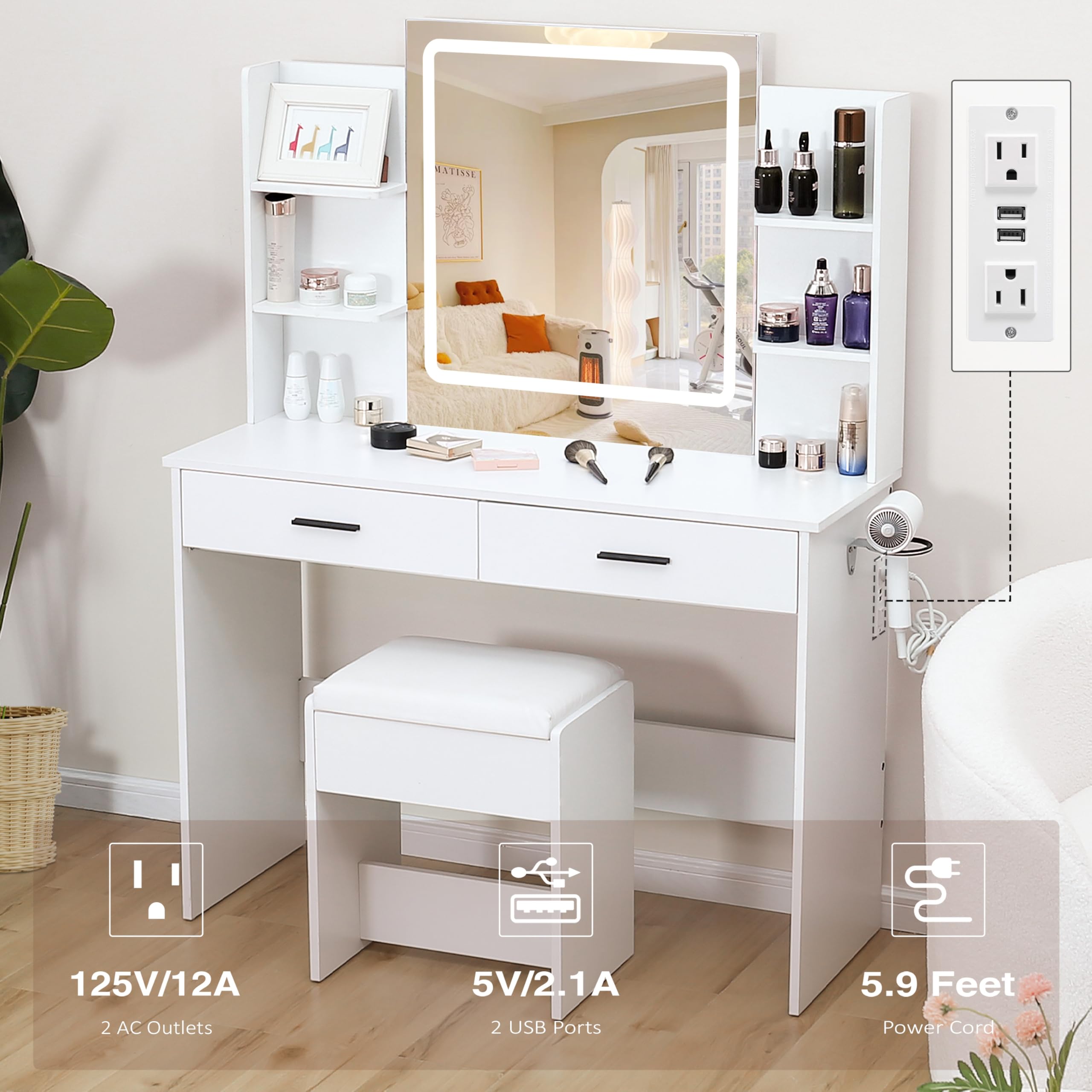 YIKEHOME Makeup Vanity Desk with Mirror and 10 Lights, 3-Colour Hollywood Brighter Bulbs, Vanity Table Set with Large Drawers and and Charging Station for Bedroom Dressing Room White