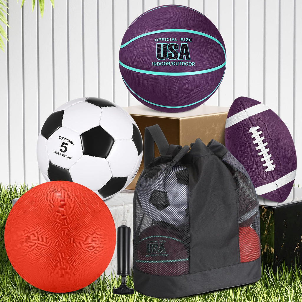 Lenwen 4 Pcs Sports Balls Set for Teen Adult, Include Official Size Basketball Soccer Football Playground Ball Pump Equipment Bag Ball Gifts Back to School