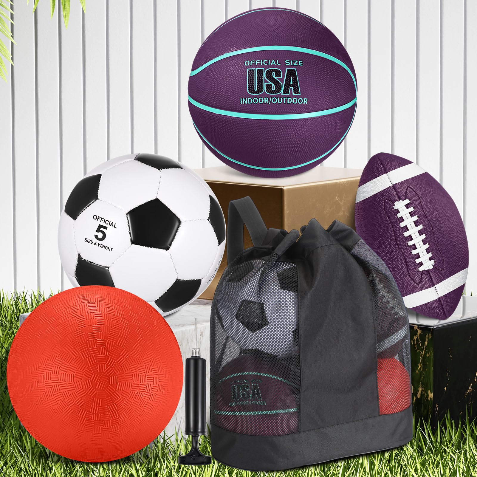 Lenwen 4 Pcs Sports Balls Set for Teen Adult, Include Official Size Basketball Soccer Football Playground Ball Pump Equipment Bag Ball Gifts Back to School