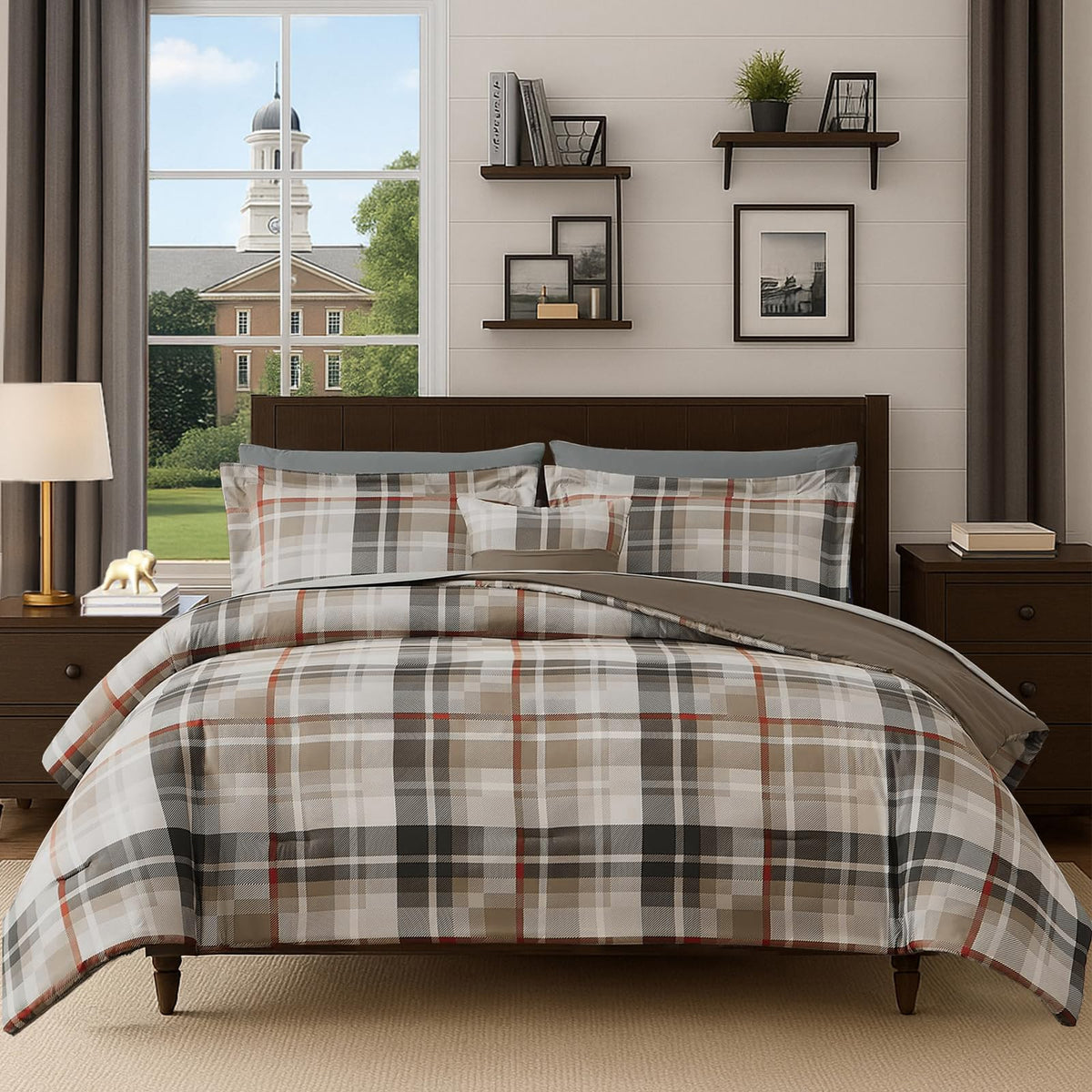 MaiRêve Queen Comforter Set, Classic Plaid Farmhouse Bedding Sets 7 Pieces, Beige All Season Bed in A Bag with Sheets, Pillowcases & Shams