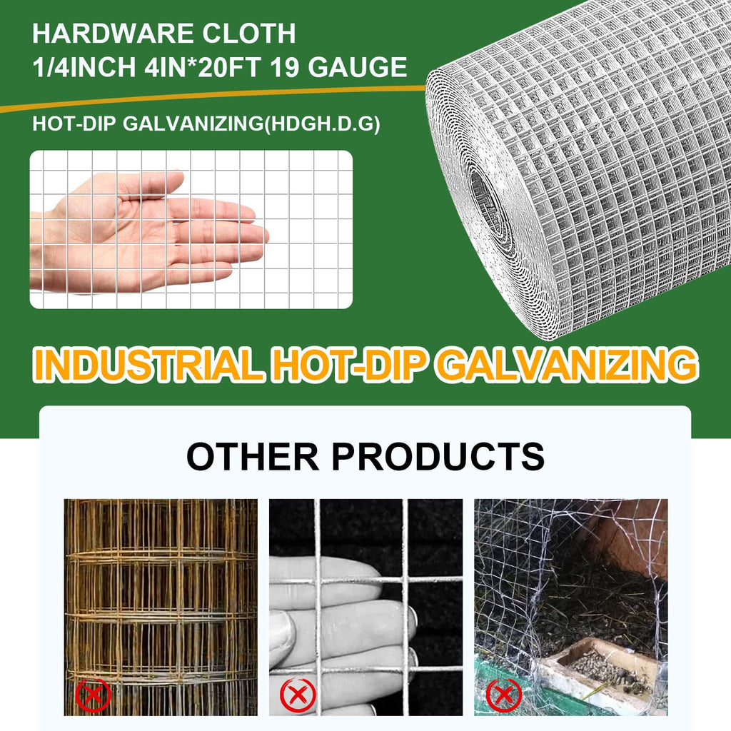 4in x 20ft Hardware Cloth Hot-Dip Galvanized Welded Chicken Wire Fencing - Heavy Duty 1/4inch 19 Gauge Wire Mesh for Garden, Chicken Coop, Rabbit Cage, Rodent & Predator Protection