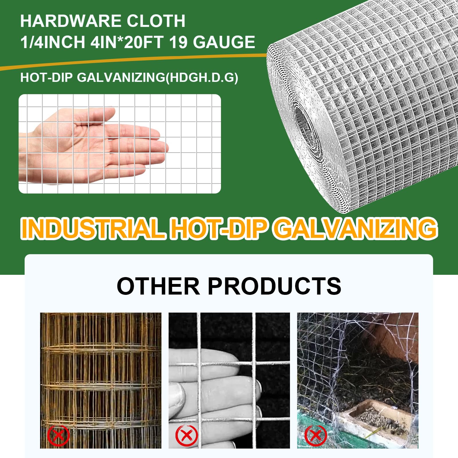 4in x 20ft Hardware Cloth Hot-Dip Galvanized Welded Chicken Wire Fencing - Heavy Duty 1/4inch 19 Gauge Wire Mesh for Garden, Chicken Coop, Rabbit Cage, Rodent & Predator Protection