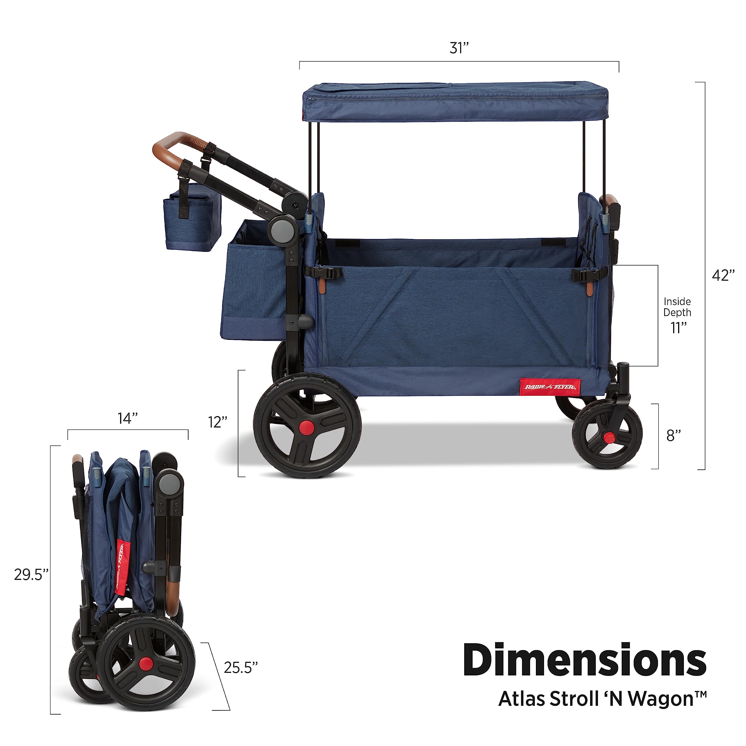 Radio Flyer Atlas Stroll 'N Wagon, Navy Blue, For Ages 1+, 3-in-1 Push or Pull Versatility, One-Hand Fold, UV Canopy, 5-Point Harnesses, Storage Capabilities, Rubber Wheels, Stroller Wagon for Kids